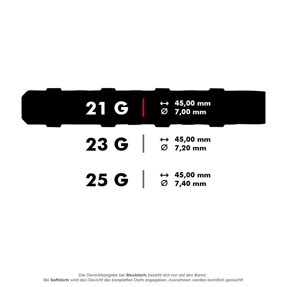 Stalowe lotki Unicorn Ballista Style 1 Das Bild zeigt drei verschiedene Gewichte für Steeldarts: 21 g, 23 g und 25 g, jeweils mit denselben Längen von 45,00 mm. Der Durchmesser variiert je nach Gewicht: 7,00 mm, 7,20 mm und 7,40 mm.