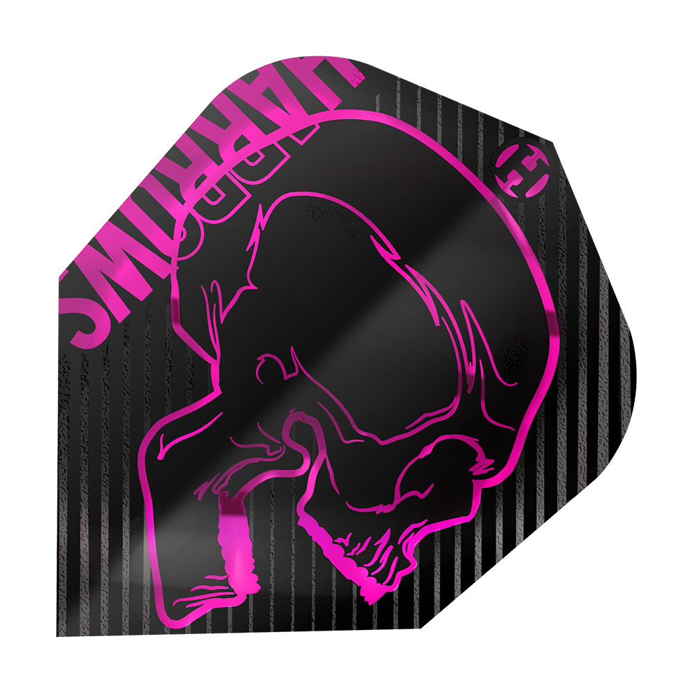 Loty Harrows Rage Pink nr 6 Das Bild zeigt das Produkt "Harrows Rage Pink No6 Flights". Es ist ein schwarzes Dartflight mit einem pinken Totenkopf und pinken Streifen.