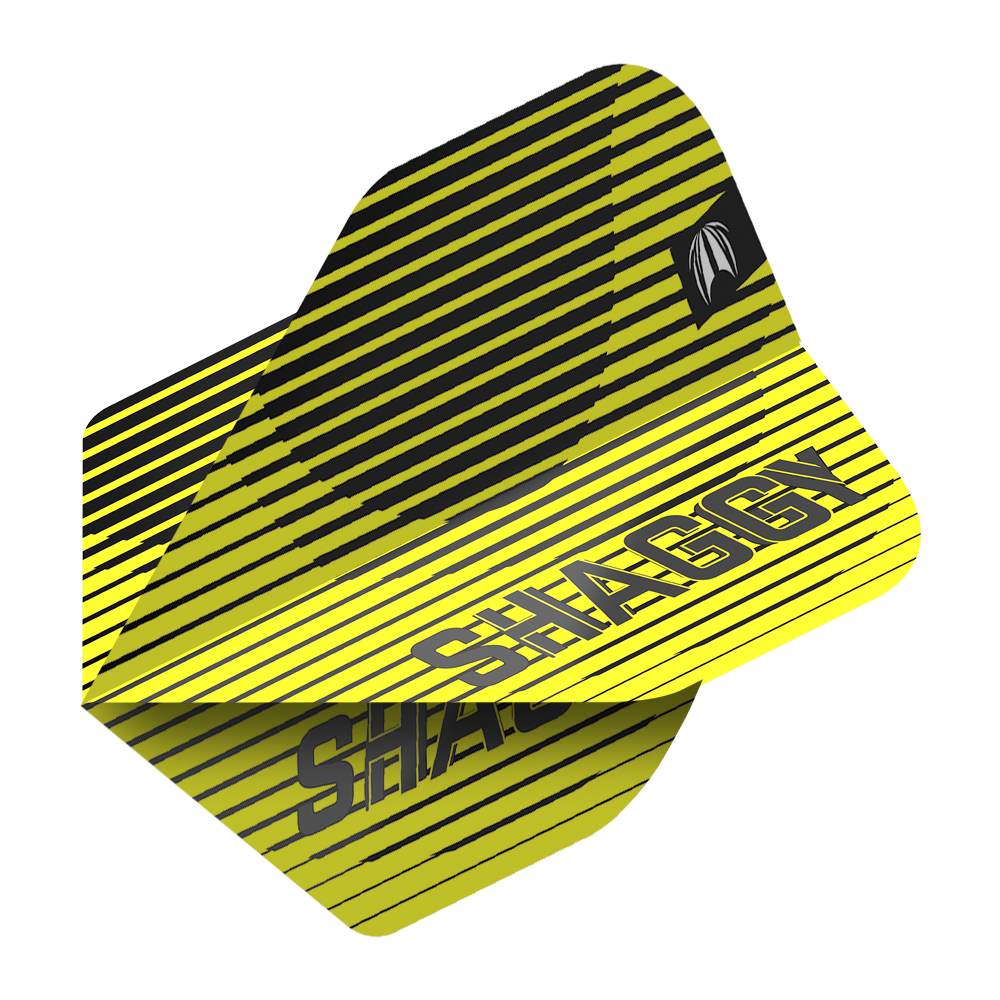 TG112_330220_Target_ProUltra_Scott_Williams_No2_Standard_Flights_2 Das Bild zeigt ein Dart Flight in gelber Farbe mit schwarzen Streifen. Auf dem Flight steht das Wort "SHAGGY" in großen Buchstaben.