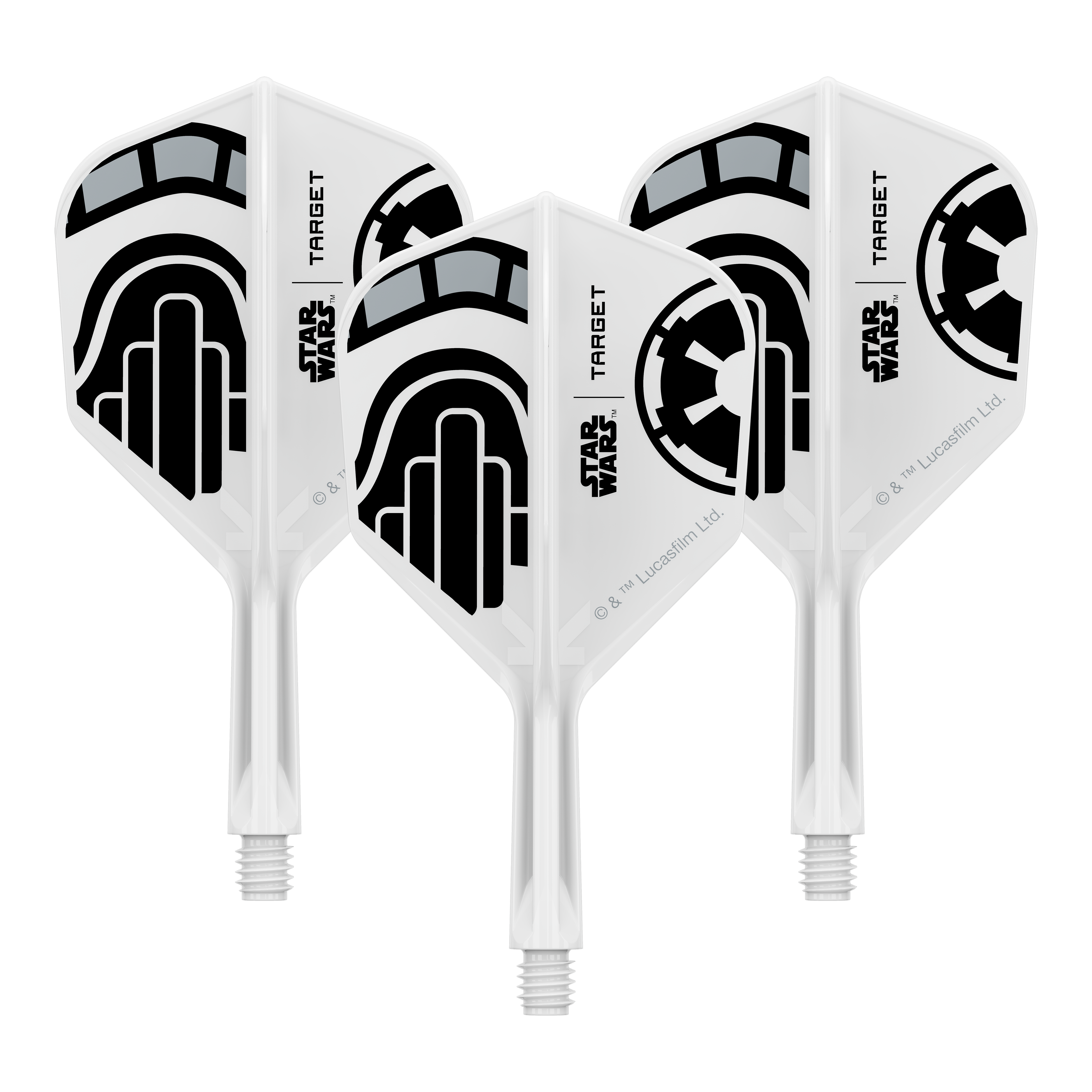 Ein Set von Dart-Flights der Star Wars KFlex Stormtrooper No6 Serie ist dargestellt. Die Flights sind kurz und 19 mm lang.