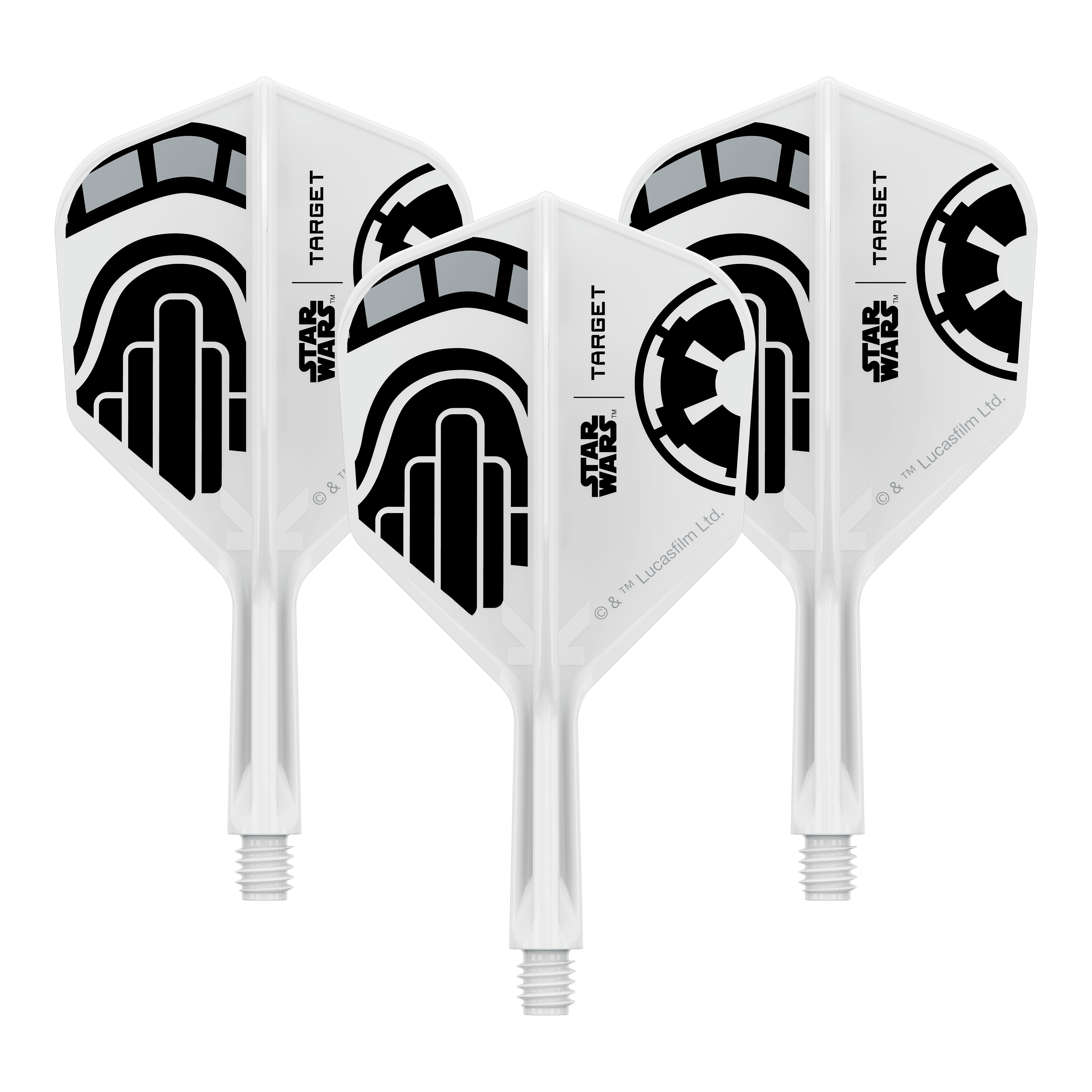 Target Star Wars K-Flex Stormtrooper No6 Flights Ein Set von Dart-Flights der Star Wars KFlex Stormtrooper No6 Serie ist dargestellt. Die Flights sind kurz und 19 mm lang.