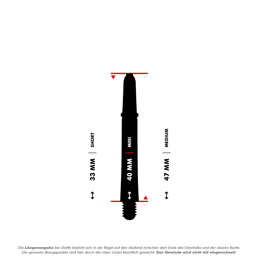 Das Bild zeigt die Harrows Supergrip Carbon Shafts - Silver in drei verschiedenen Längen: Short (33 mm), Midi (40 mm) und Medium (47 mm). Die Längenangaben beziehen sich auf den Abstand zwischen dem Ende des Gewindes und der oberen Kante.