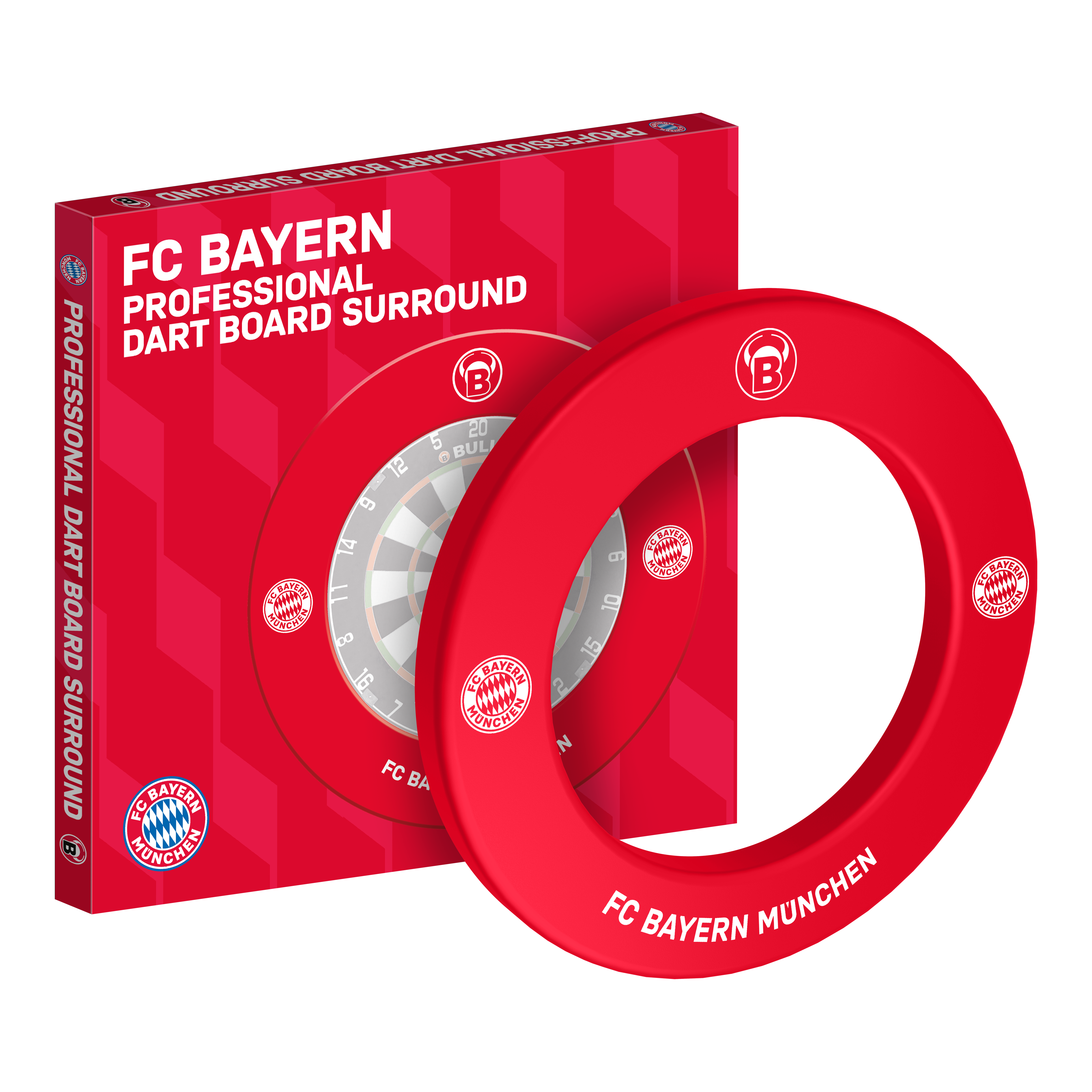 Abgebildet ist das Bulls FC Bayern München Premium Dartboard Surround. Die Dartboard-Umrandung ist im Stil des FC Bayern München gestaltet.