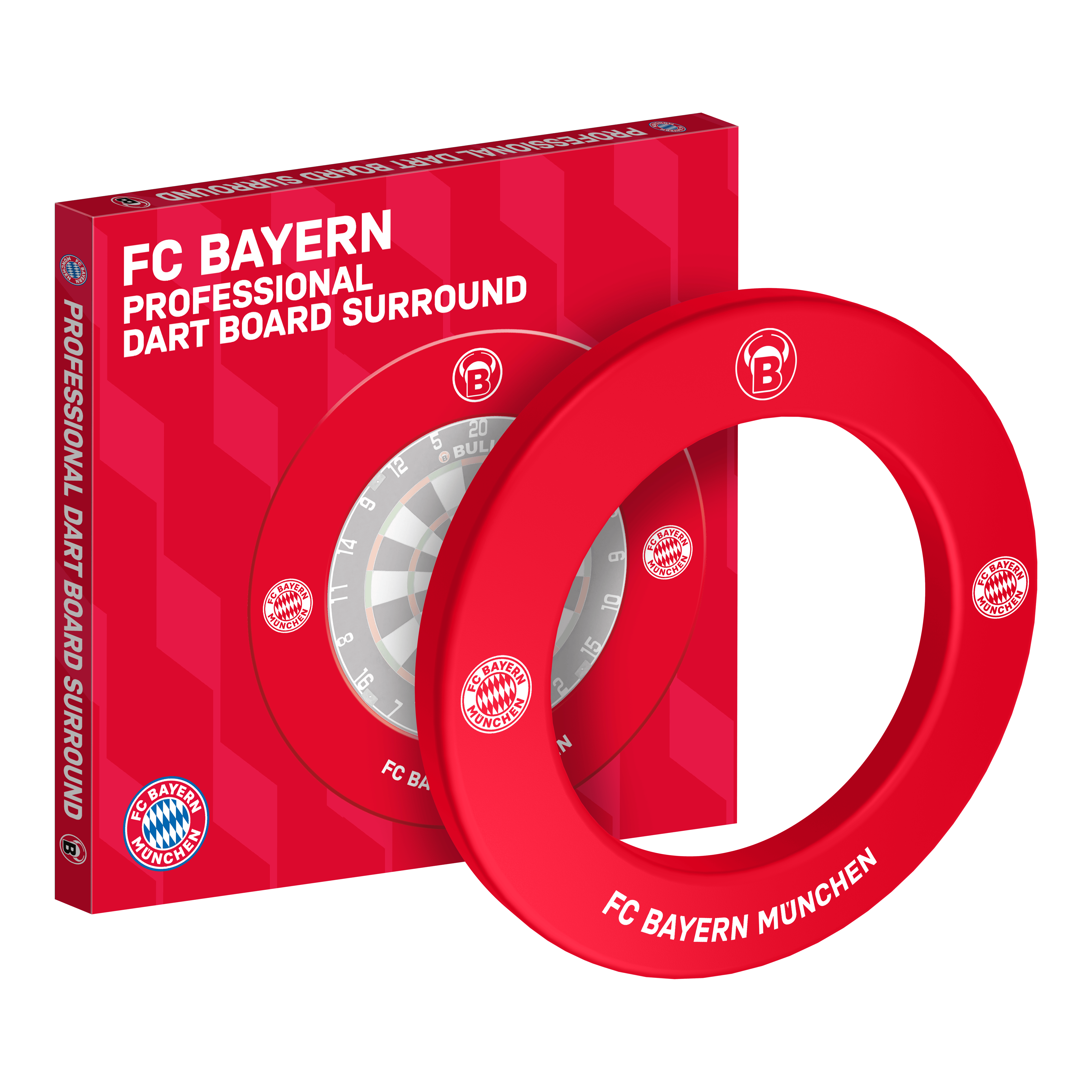 Wysokiej jakości tarcza do darta Bulls FC Bayern Monachium Abgebildet ist das Bulls FC Bayern München Premium Dartboard Surround. Die Dartboard-Umrandung ist im Stil des FC Bayern München gestaltet.