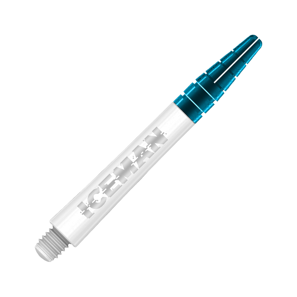 Das Bild zeigt einen weißen Dart-Schaft mit dem Schriftzug "ICEMAN" darauf. Das obere Ende des Schafts ist blau-transparent.