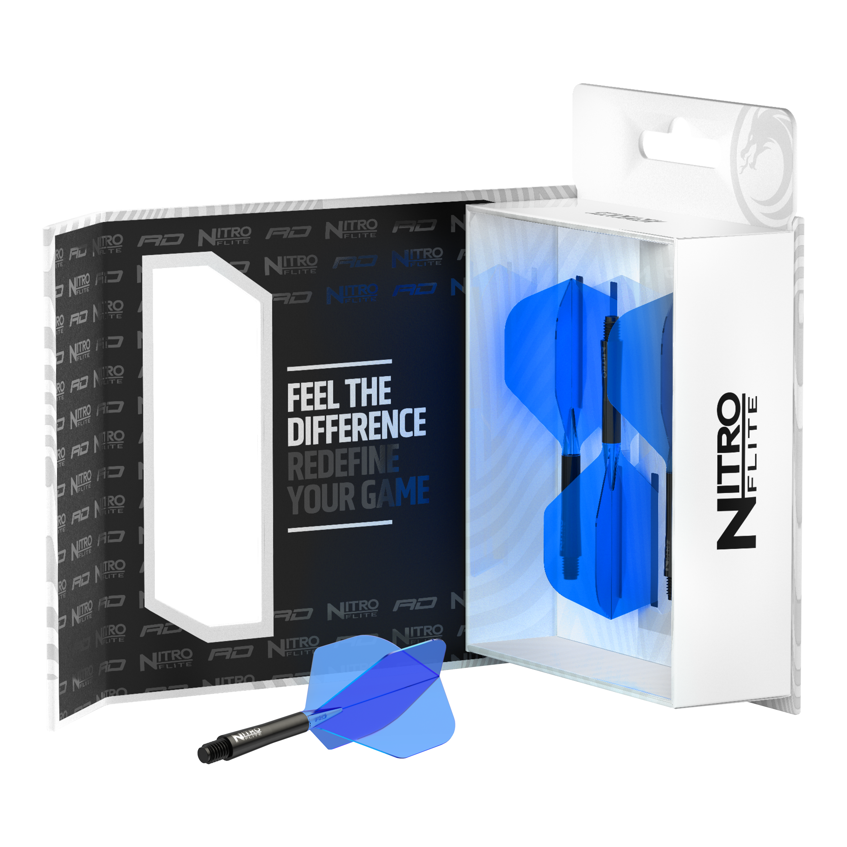 Red Dragon Nitroflite - Czarny trzonek niebieski nr 2 Loty Die Abbildung zeigt das Produkt "Red Dragon Nitroflite - Black Shaft Blue No2 Flights" in einer Verpackung. Drei blaue Dartflights mit schwarzen Schäften sind im Inneren sichtbar.