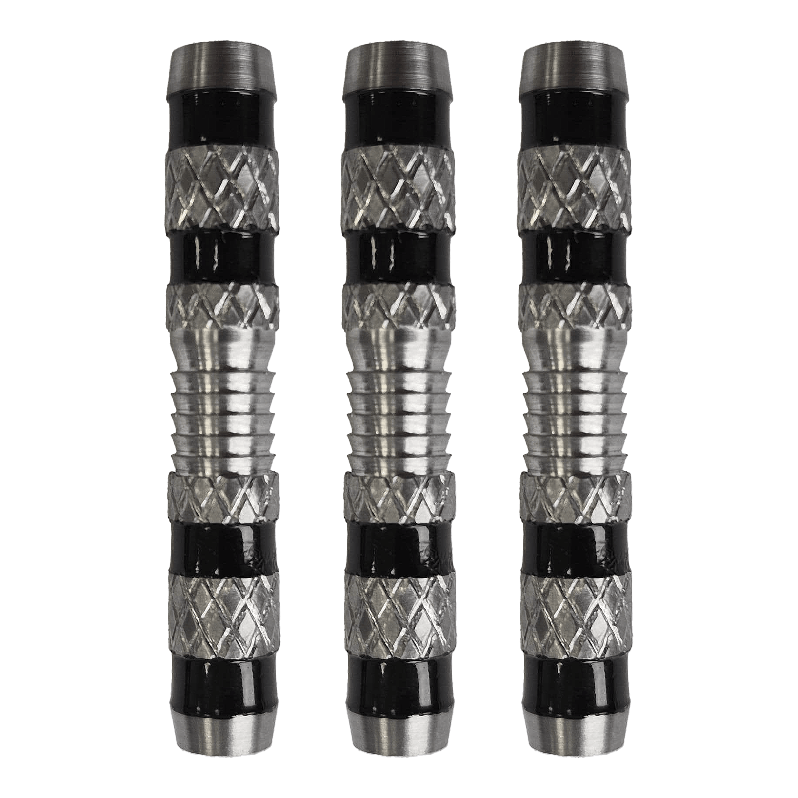 Lufy do rzutek McDart Knurled Grip Soft Dart Barrels - 18 g Das Bild zeigt drei silberne Softdart-Barrels mit einem geriffelten Griff und schwarzen Rillen. Es handelt sich um das Produkt „McDart Knurled Grip Softdart-Barrels - 18g“.