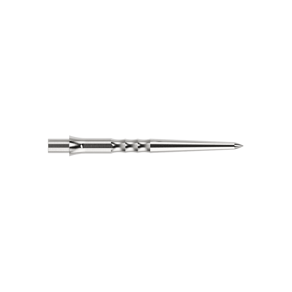 Stalowe groty do lotek Caliburn System - Ripple - NoLip - srebrne Das Bild zeigt eine silberne Caliburn Evo System Steeldartspitze Ripple NoLip, 28 mm lang. Die Spitze ist einzeln abgebildet.