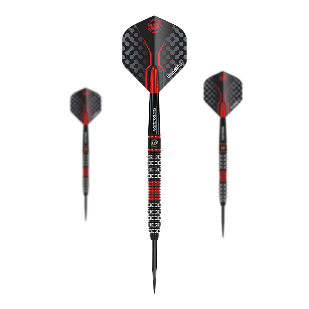 Specjalna edycja Steeldarts firmy Winmau Joe Cullen Das Bild zeigt drei Steeldarts mit schwarzem und rotem Design. Sie haben auffällige Muster auf den Flights und einen speziellen, griffigen Schaft.