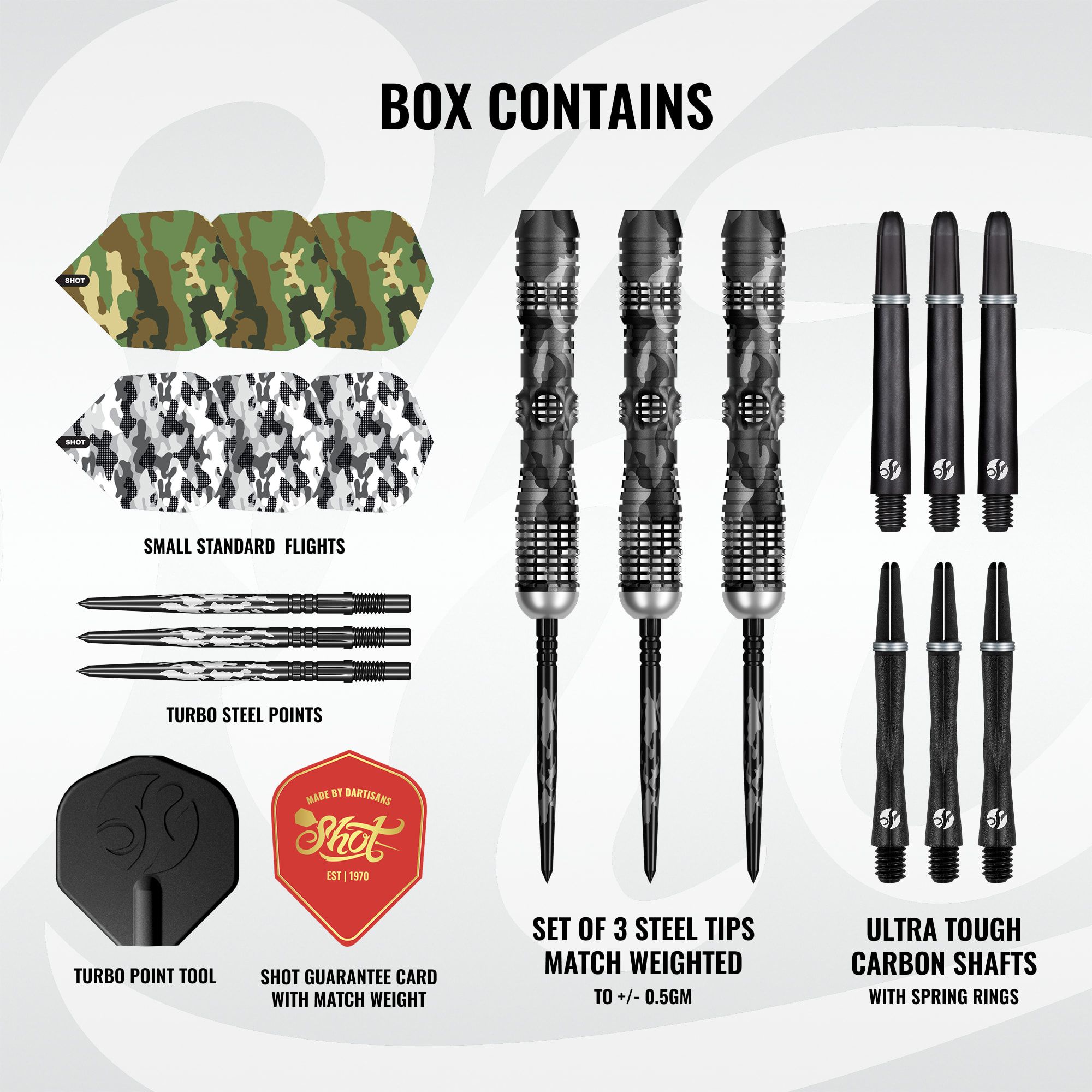 Shot Camo Longshot Turbo Point Steeldarts mit 23 Gramm Gewicht werden präsentiert. Die Steeldarts sind markant.