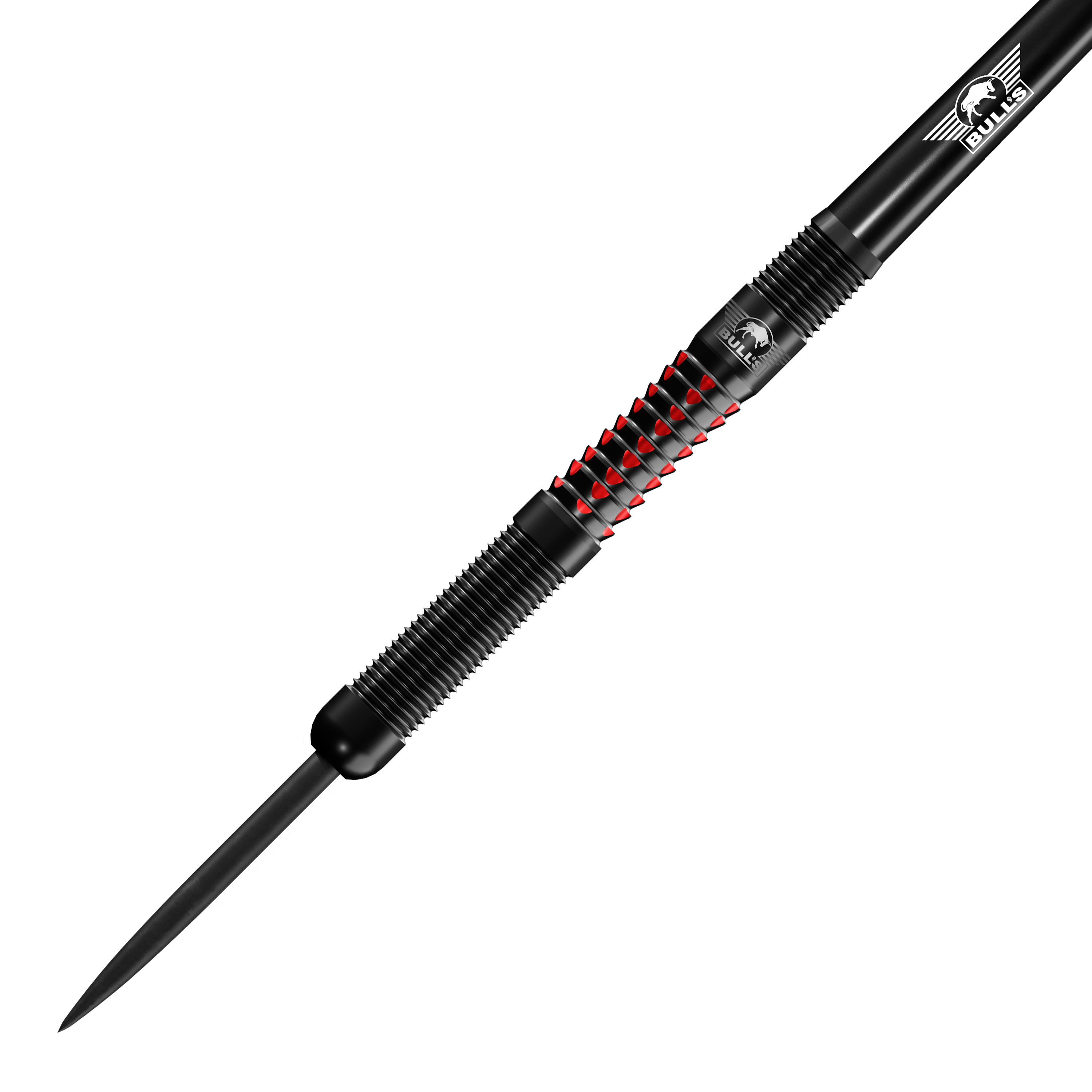 Stalowe lotki Bulls NL Benjamin Pratnemer - 20g Auf dem Bild ist der Bulls NL Benjamin Pratnemer Steeldart mit 20g Gewicht zu sehen. Der Dart hat ein schwarzes Design mit roten Akzenten und feinen Rillen für besseren Halt.