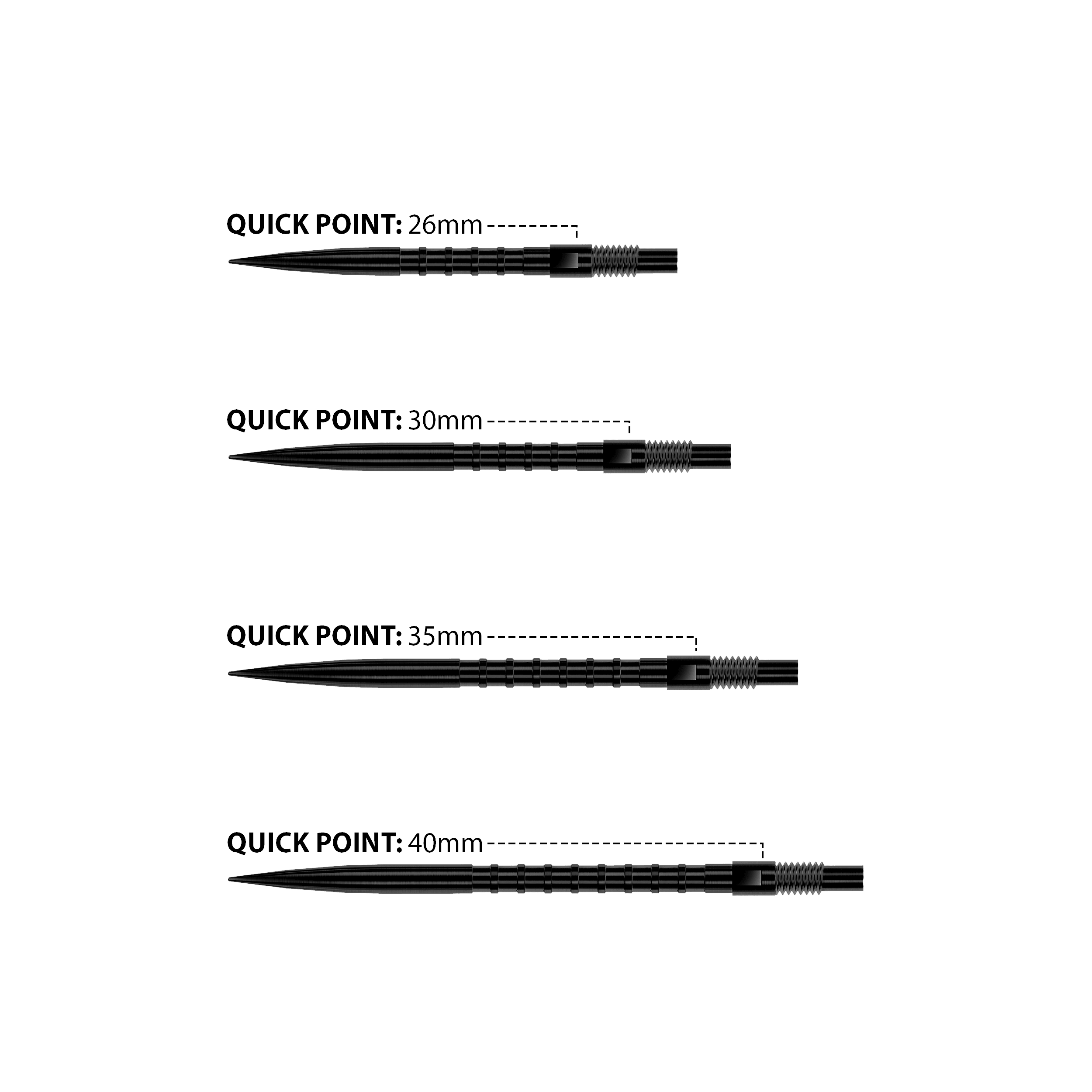 Końcówki do lotek Harrows Quick Point Heavy Metal – czarne Das Bild zeigt Harrows Quick Point Heavy Metal Dartspitzen in Schwarz. Sie sind robust und für präzise Würfe geeignet.