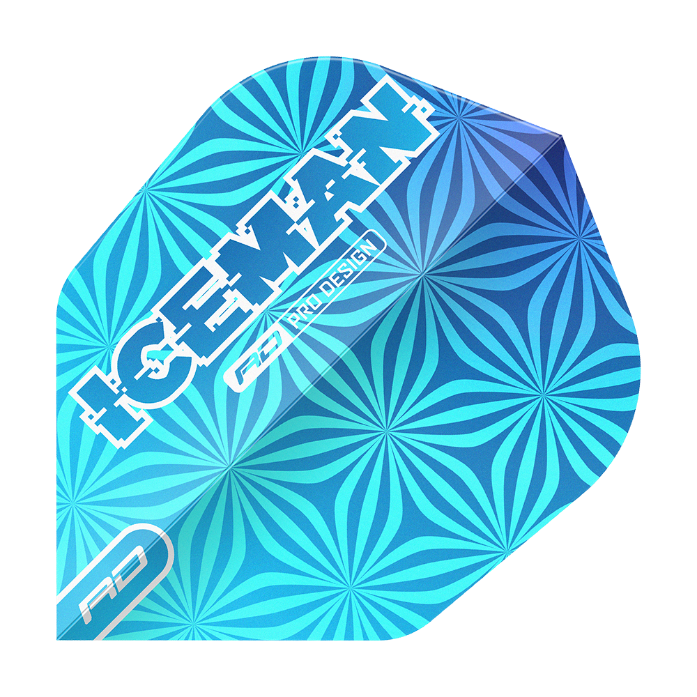 Czerwony Smok Gerwyn Price Iceman Niebieski No6 Loty Das Bild zeigt einen blauen Dart-Flight mit einem auffälligen geometrischen Muster. Auf dem Flight steht in weißen Buchstaben das Wort „ICEMAN“ sowie „RD PRO DESIGN“.