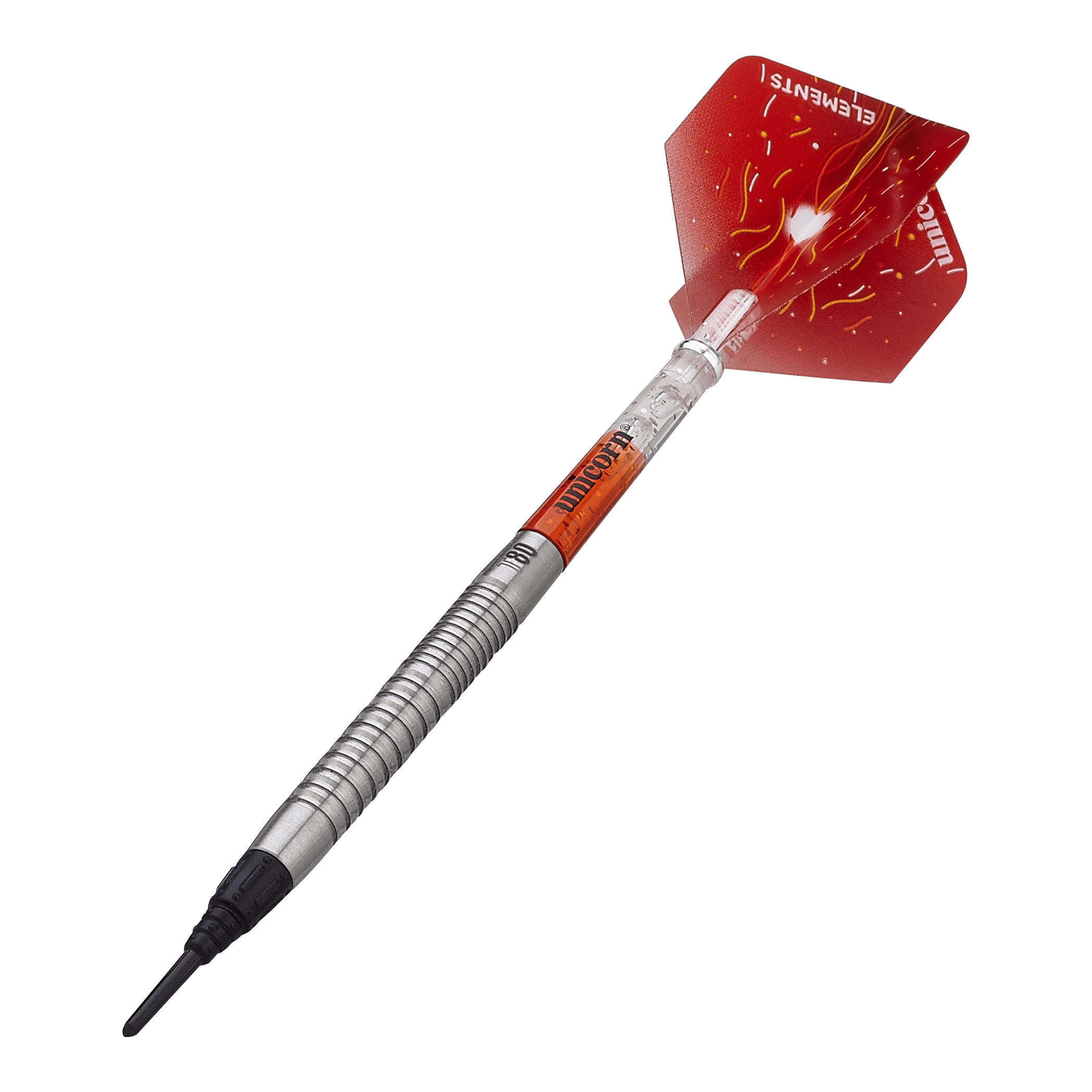 Unicorn Core XL Striker Style 1 Miękkie lotki - 19 g Das Bild zeigt einen Unicorn Core XL Striker Style 1 Softdart mit 19g Gewicht. Der Dart hat eine silberne, geriffelte Spitze und rote Flights mit einem auffälligen Design.