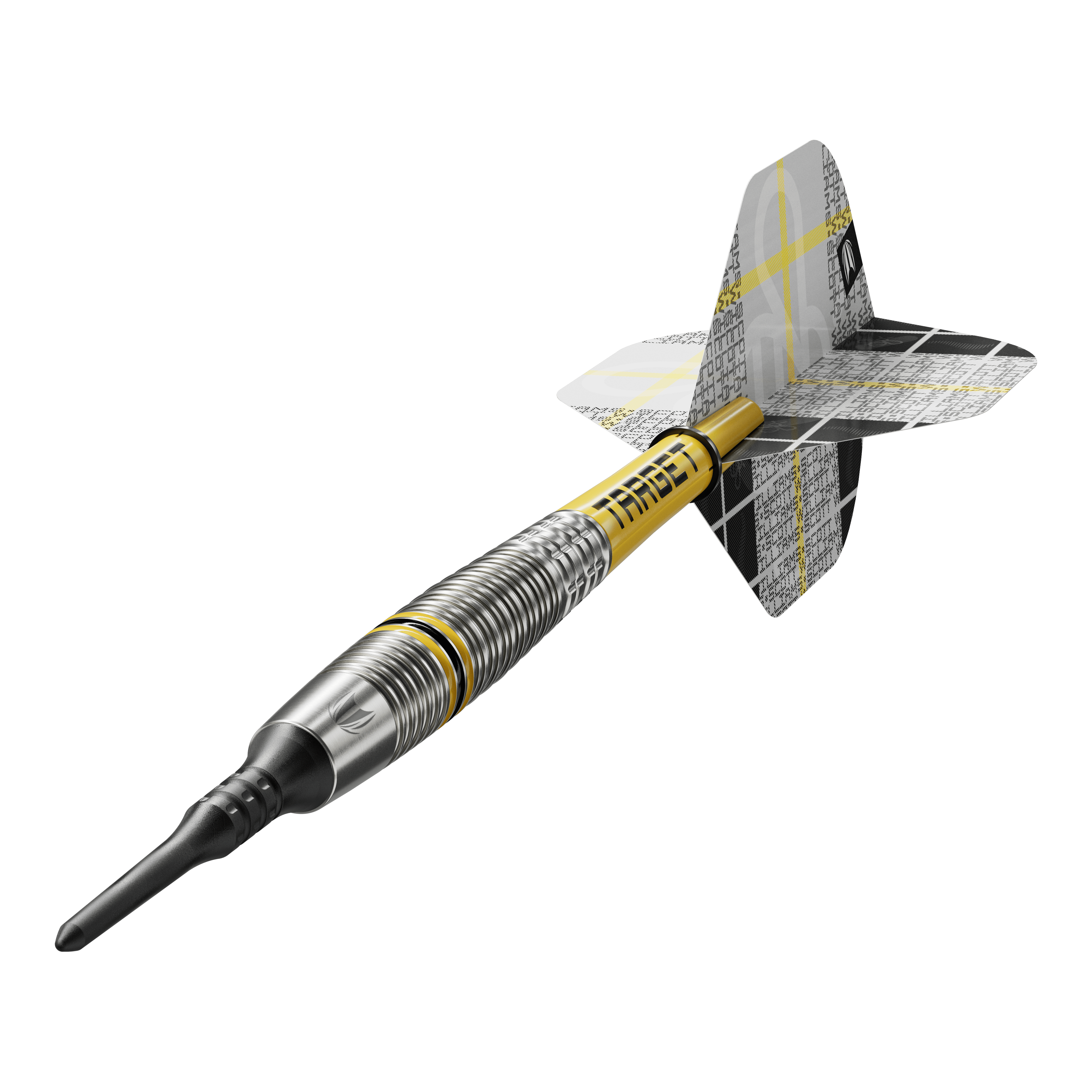 Lotki miękkie Target Scott Williams GEN2 - 18g Das Bild zeigt einen Target Scott Williams GEN2 Softdart mit einem Gewicht von 18 Gramm. Der Dart hat ein silbernes Barrel mit gelben Akzenten und einen schwarz-gelben Flight.