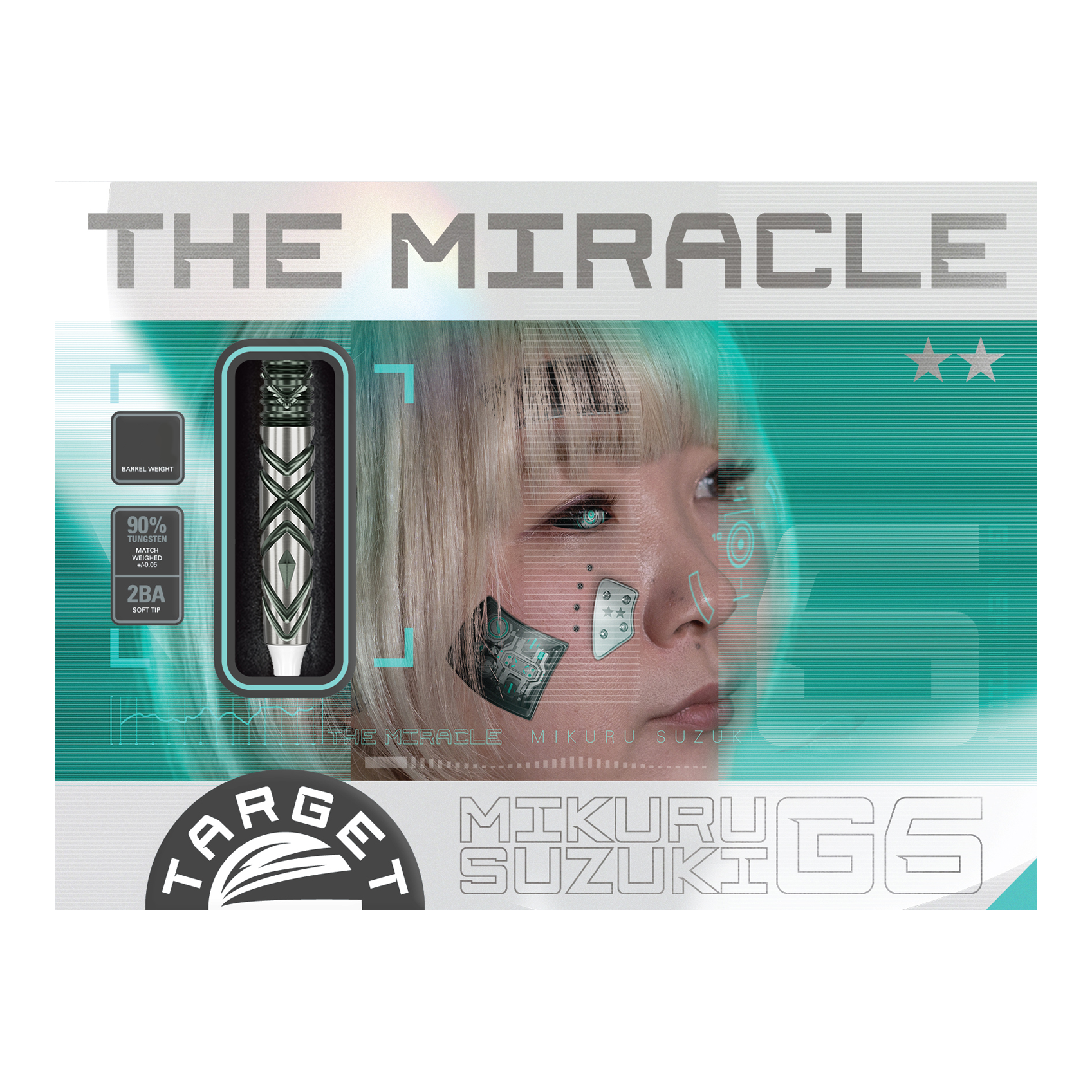 Auf dem Bild ist die Verpackung der "Target Japan Mikuru Suzuki The Miracle GEN6 Softdarts - 21,5g" zu sehen. Links ist ein Dartpfeil abgebildet, rechts das Gesicht einer Frau mit futuristischen Grafiken.