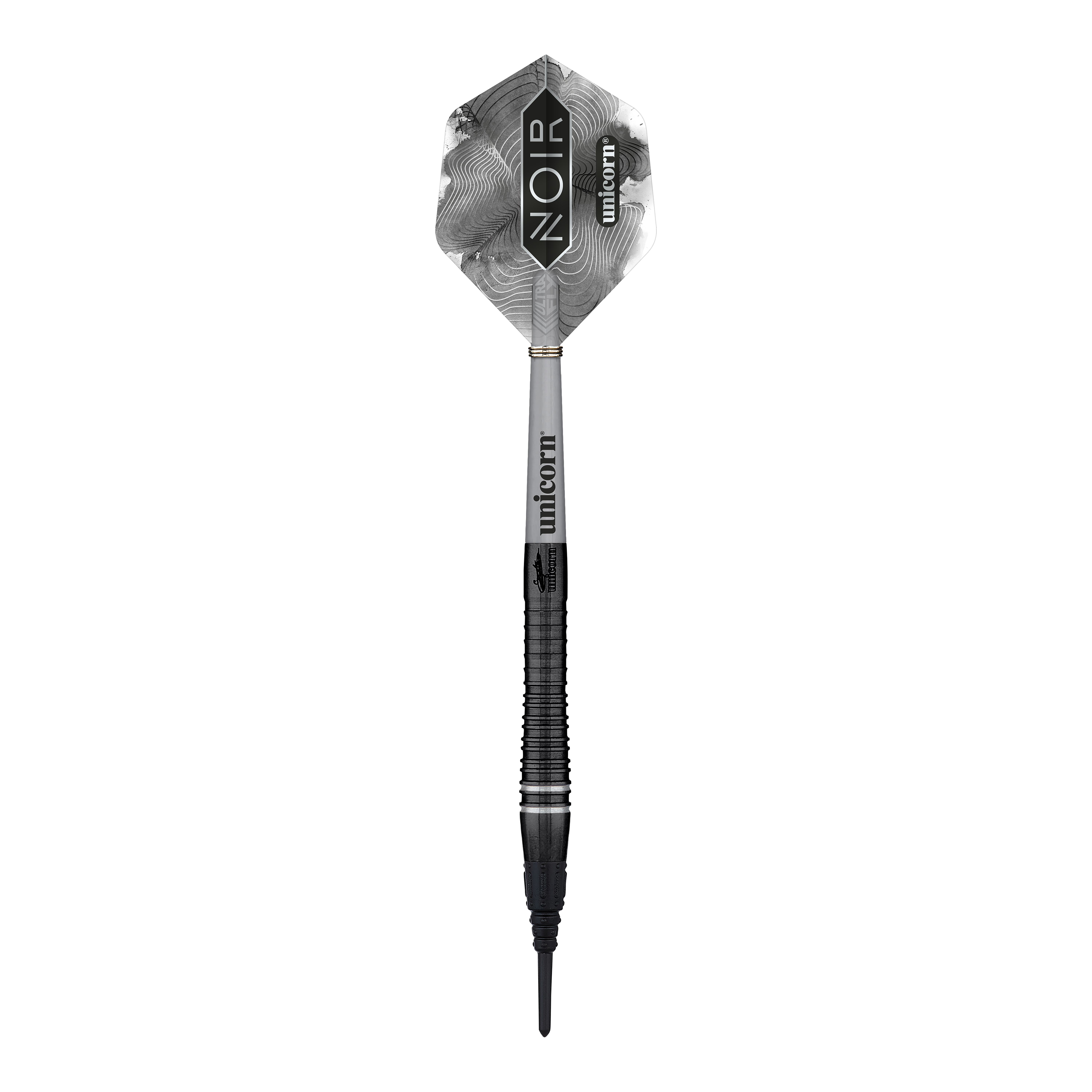 Mistrz Świata Jednorożców Gary Anderson Noir Phase 6 Soft Darts Das Bild zeigt einen Softdart aus der Produktreihe "Unicorn World Champion Gary Anderson Noir Phase 6". Der Dart hat ein schwarzes, elegantes Design mit der Aufschrift "Noir" und "Unicorn" auf dem Flight.
