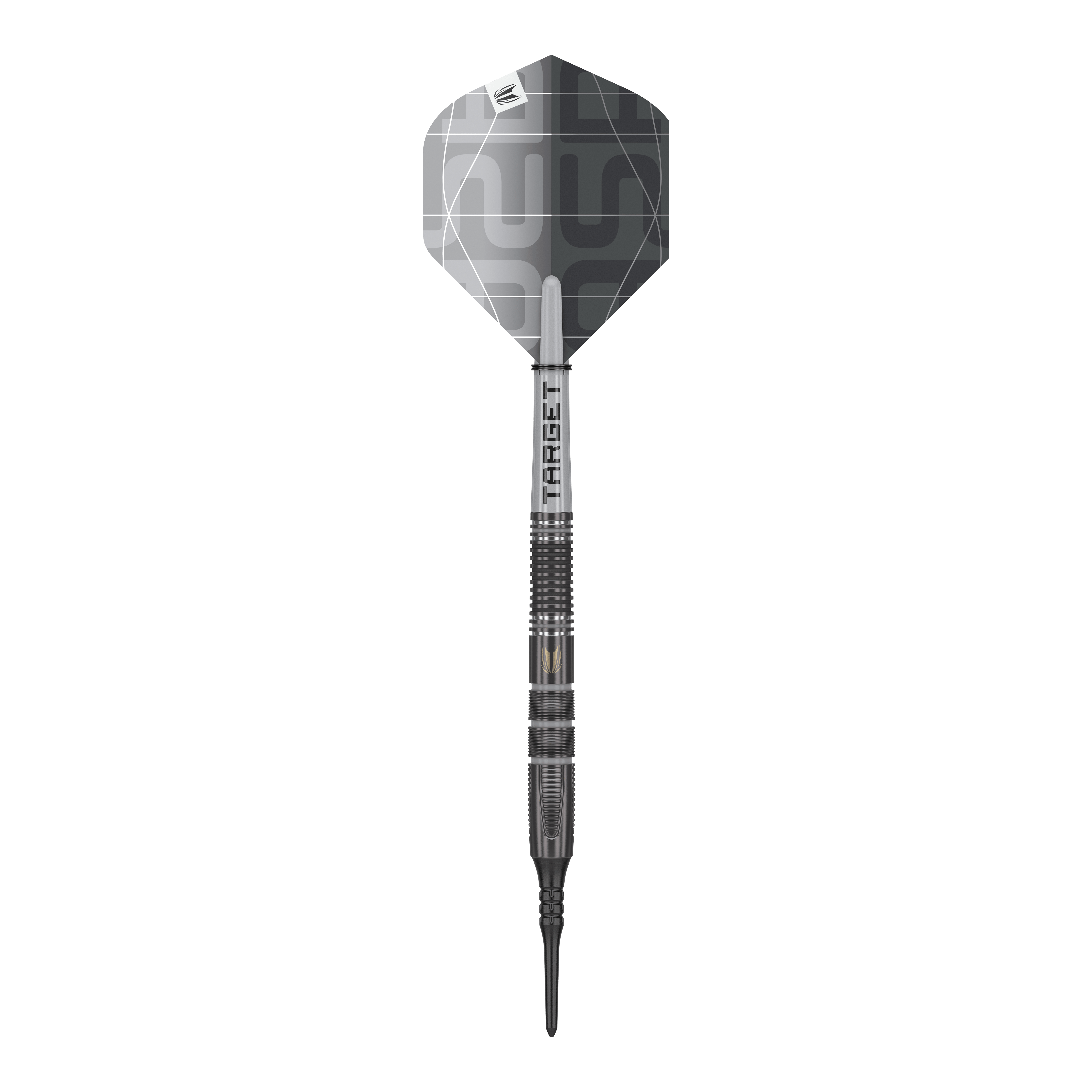 Das Bild zeigt einen Target Nathan Aspinall X Echo Softdart mit einem Gewicht von 18g. Der Dartpfeil ist überwiegend in Silber und Schwarz gehalten und hat eine moderne, geometrische Flugfeder.