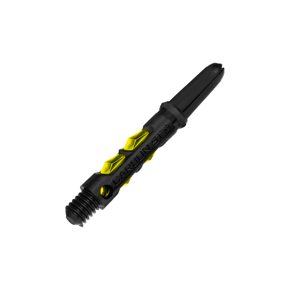 HR419_Harrows_Carbon_ST_Shafts_Gelb_33mm_2 Das Bild zeigt einen Harrows Carbon ST Schaft in Gelb. Der Schaft ist hauptsächlich schwarz mit gelben Akzenten und der Aufschrift "CARBON ST".