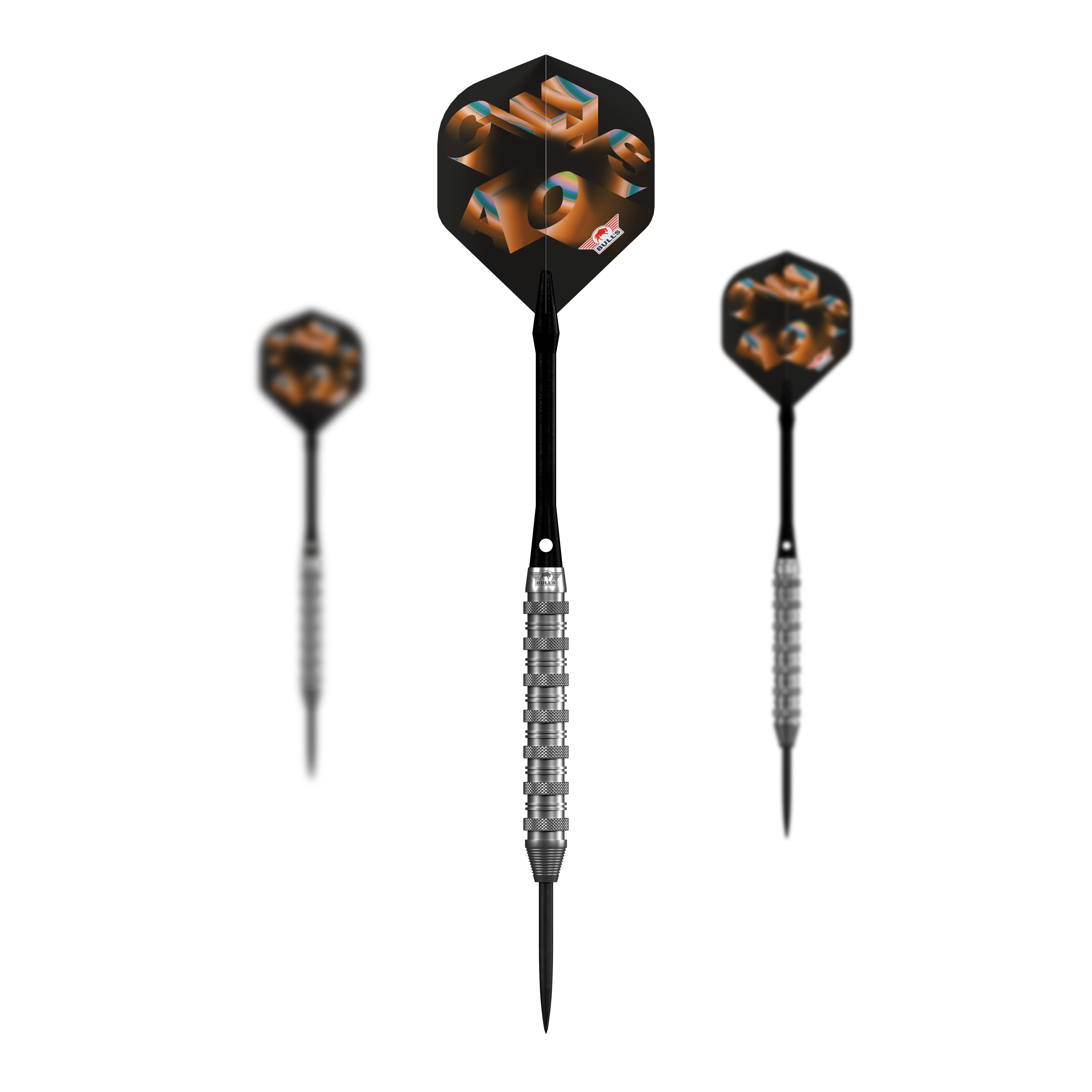 Das Bild zeigt die Bulls NL Chaos Orange Steeldarts mit einem Gewicht von 23g. Drei orangefarbene Steeldarts sind nebeneinander angeordnet.