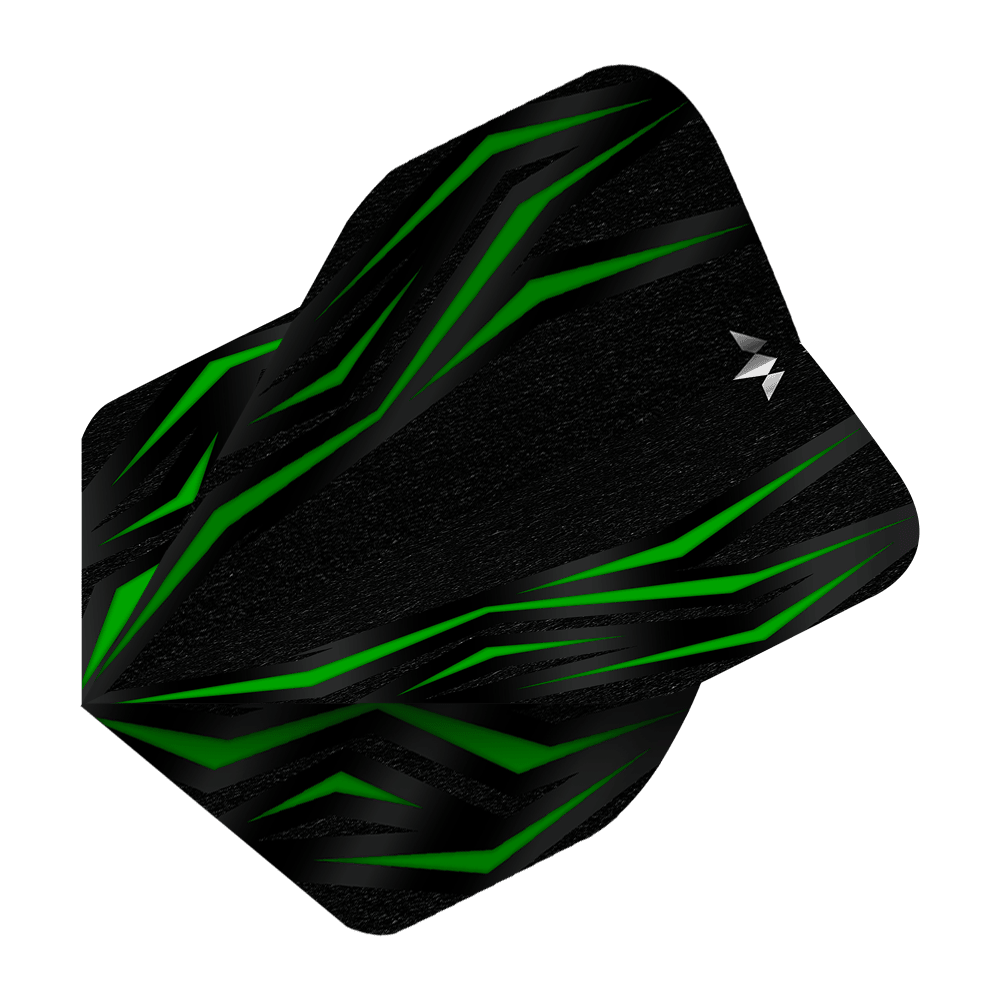 Misja Lava Green No2 Standardowe loty Das Bild zeigt das Produkt „Mission Lava Green No2 Standard Flights“. Es ist ein schwarzes Dart-Flight mit grünen, lavamusterartigen Linien.