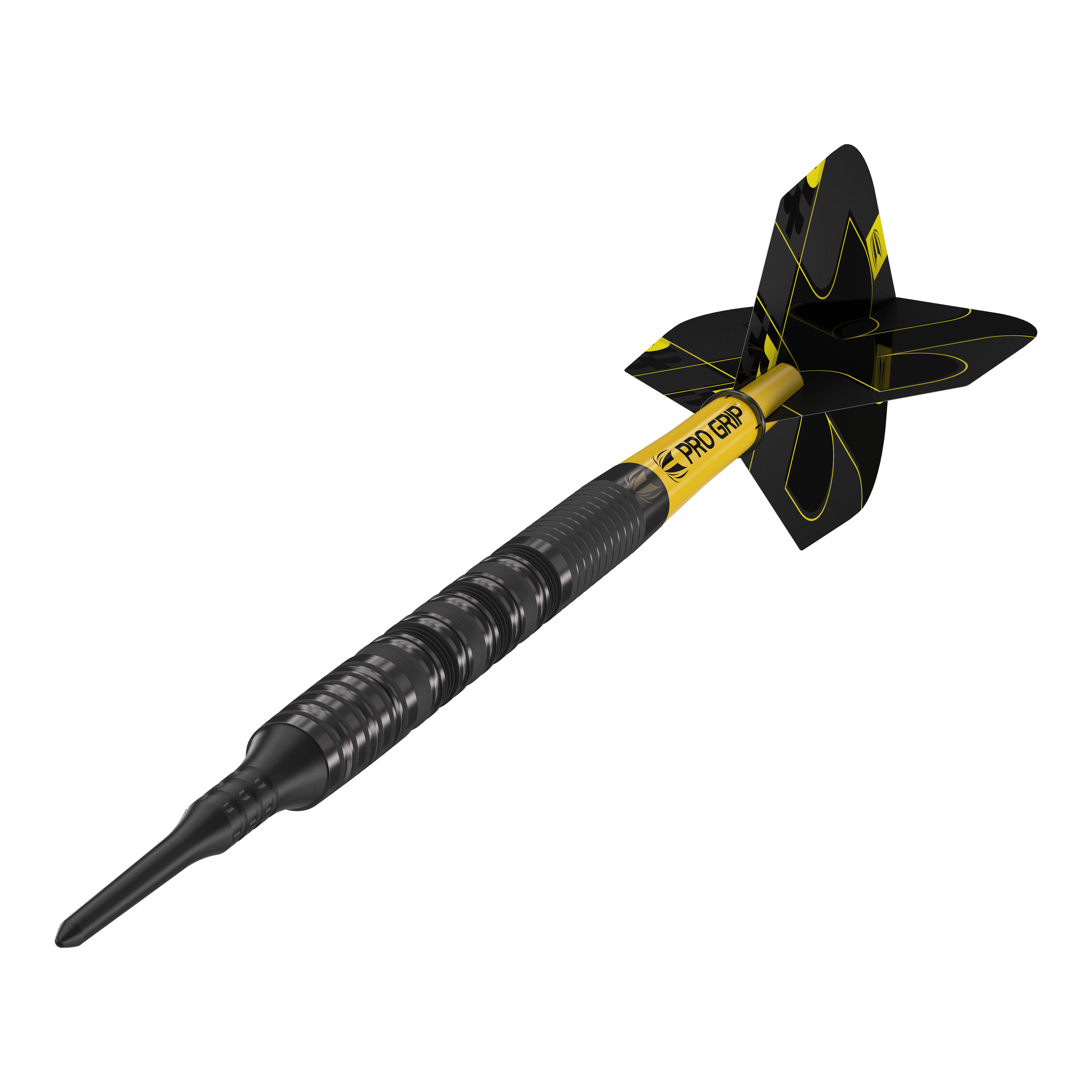 Target Bolide Void 10 miękkich rzutek Das Bild zeigt einen Target Bolide Void 10 Softdart. Der Softdart ist schwarz mit gelben Akzenten und hat eine strukturierte Griffzone.
