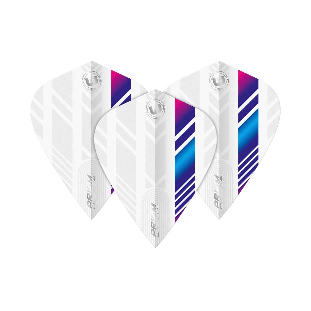 Loty latawcem Winmau Delta Biały Niebieski Fioletowy Das Bild zeigt drei Winmau Delta White Blue Purple Kite Flights. Die Flights sind überwiegend weiß mit blauen, lila und pinken Streifen.