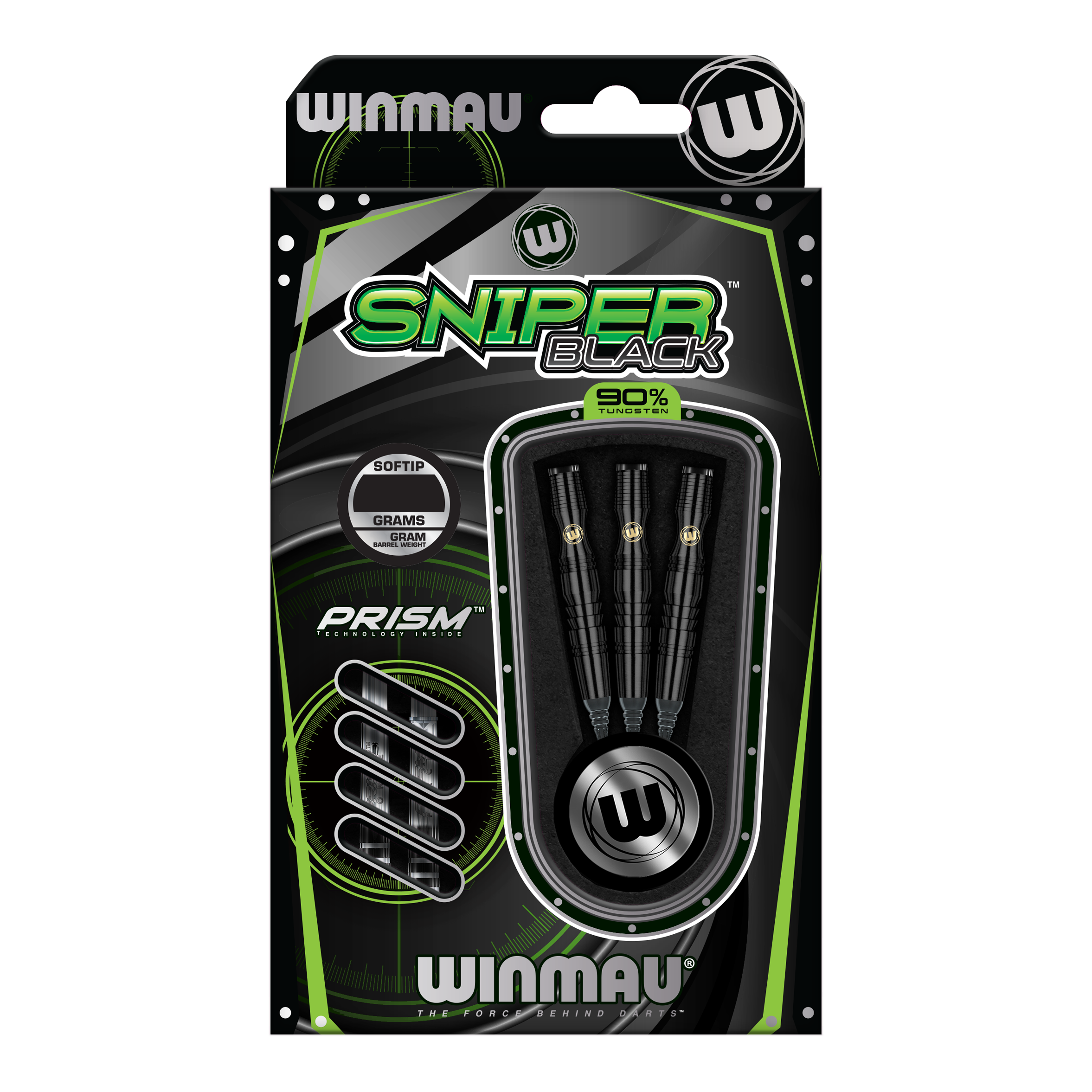 Miękkie lotki Winmau Sniper Black - 20g Die Abbildung zeigt die Winmau Sniper Black Softdarts mit einem Gewicht von 20g. Die Verpackung enthält drei schwarze Softdarts aus 90% Tungsten.
