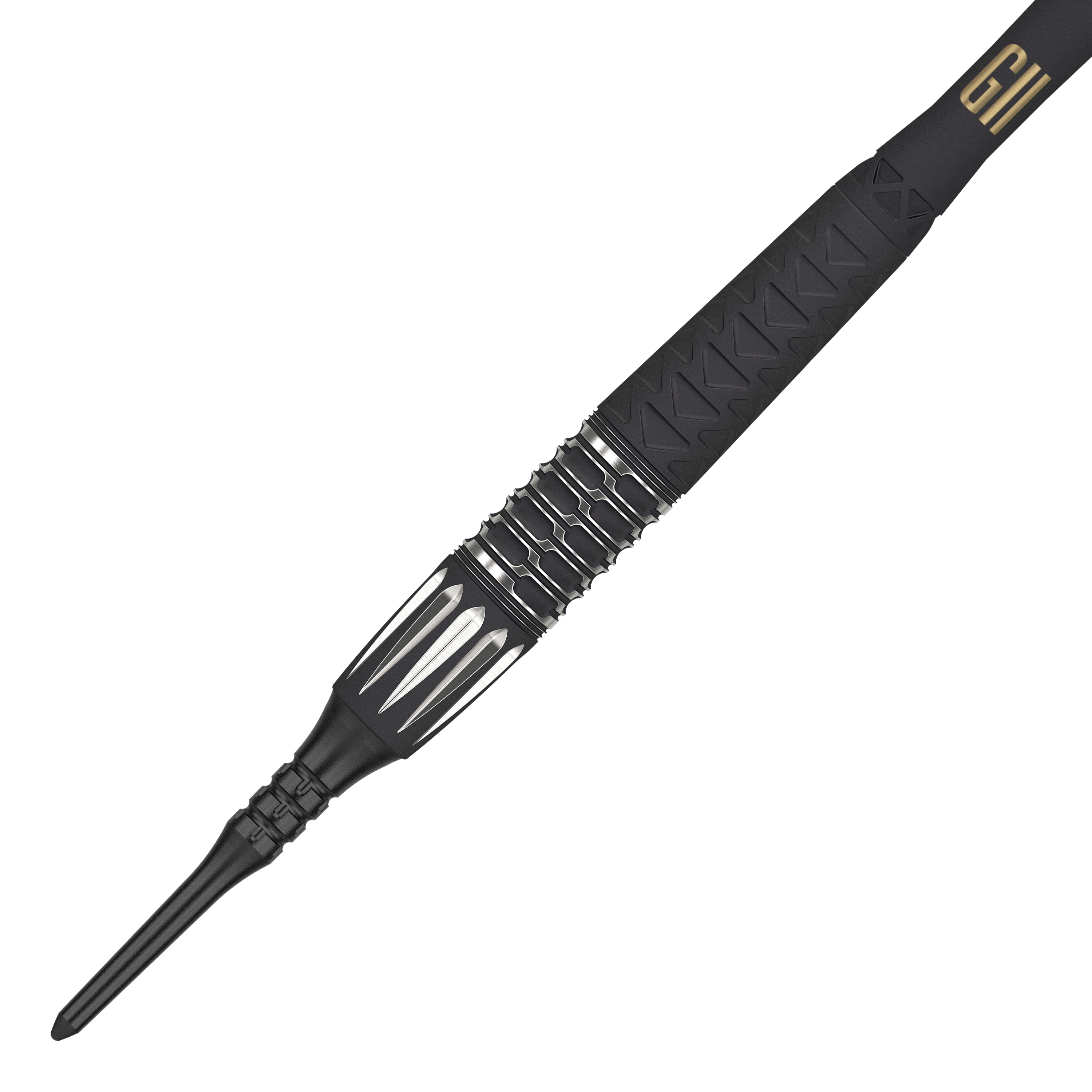 Das Bild zeigt einen Target Phil Taylor RAW Power 9Five GEN11 Softdart. Der Dartpfeil ist schwarz mit silbernen Akzenten und hat ein modernes, griffiges Design.