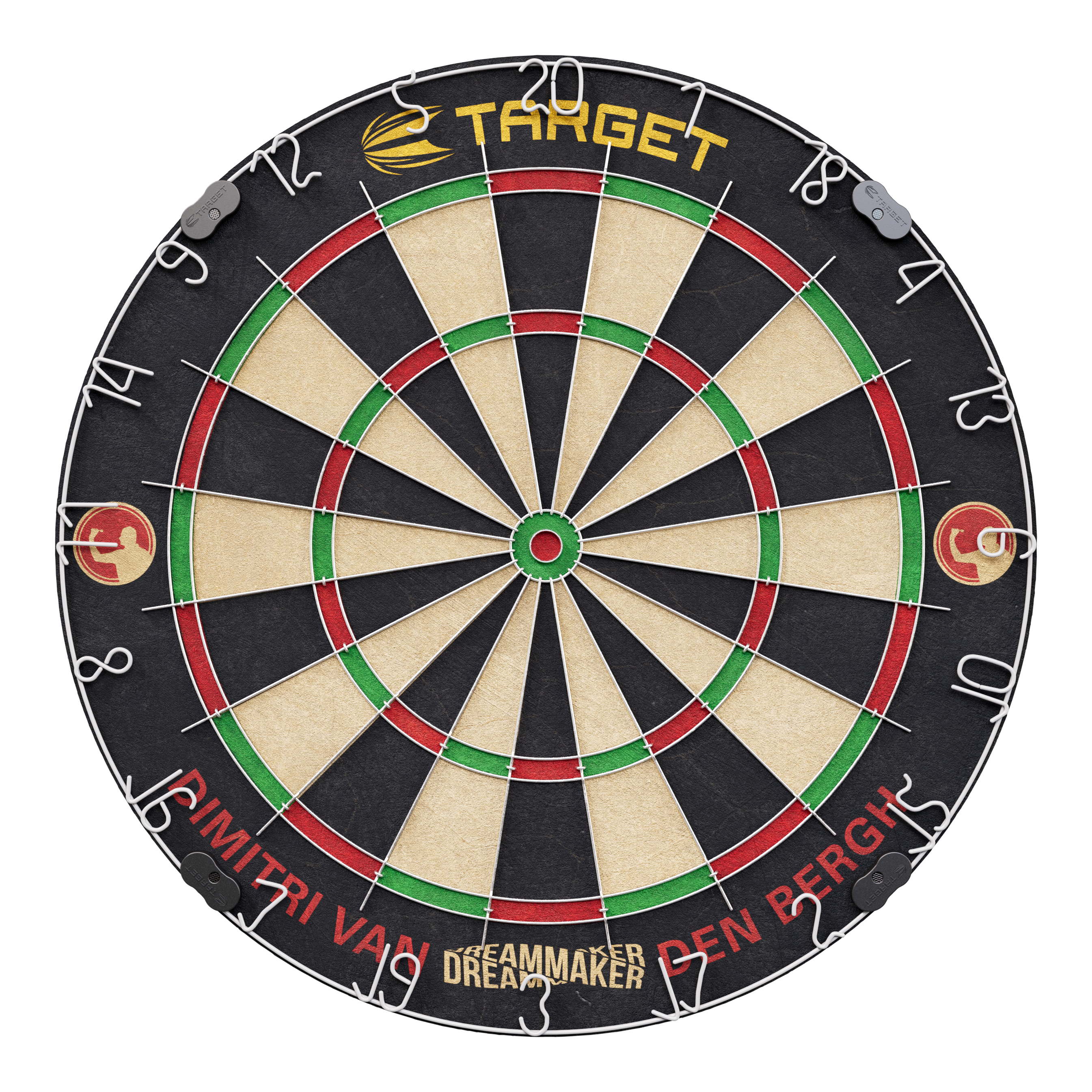 Zestaw tarcz stalowych Target Dimitri Van Den Bergh Das Bild zeigt eine Steeldartscheibe mit dem Namen "Target Dimitri Van Den Bergh Steeldartboard Set". Am unteren Rand steht der Schriftzug "Dimitri Van Den Bergh" und in der Mitte unten "Dreammaker".