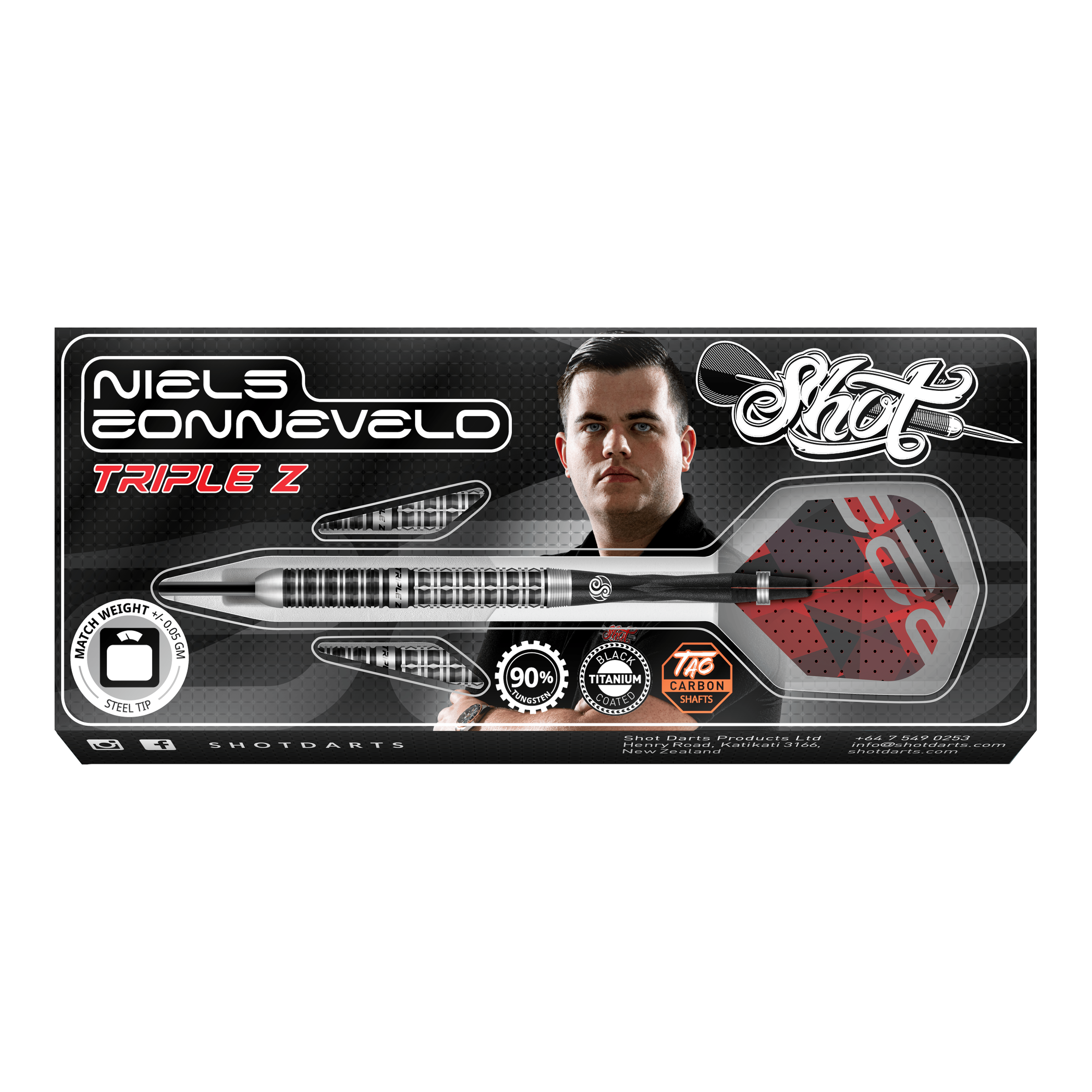 Strzelaj stalowymi rzutkami Niels Zonneveld V2 Auf dem Bild ist die Verpackung der "Shot Niels Zonneveld V2 Steeldarts" zu sehen. Die Verpackung zeigt einen Dartpfeil, das Logo und ein Porträt von Niels Zonneveld.