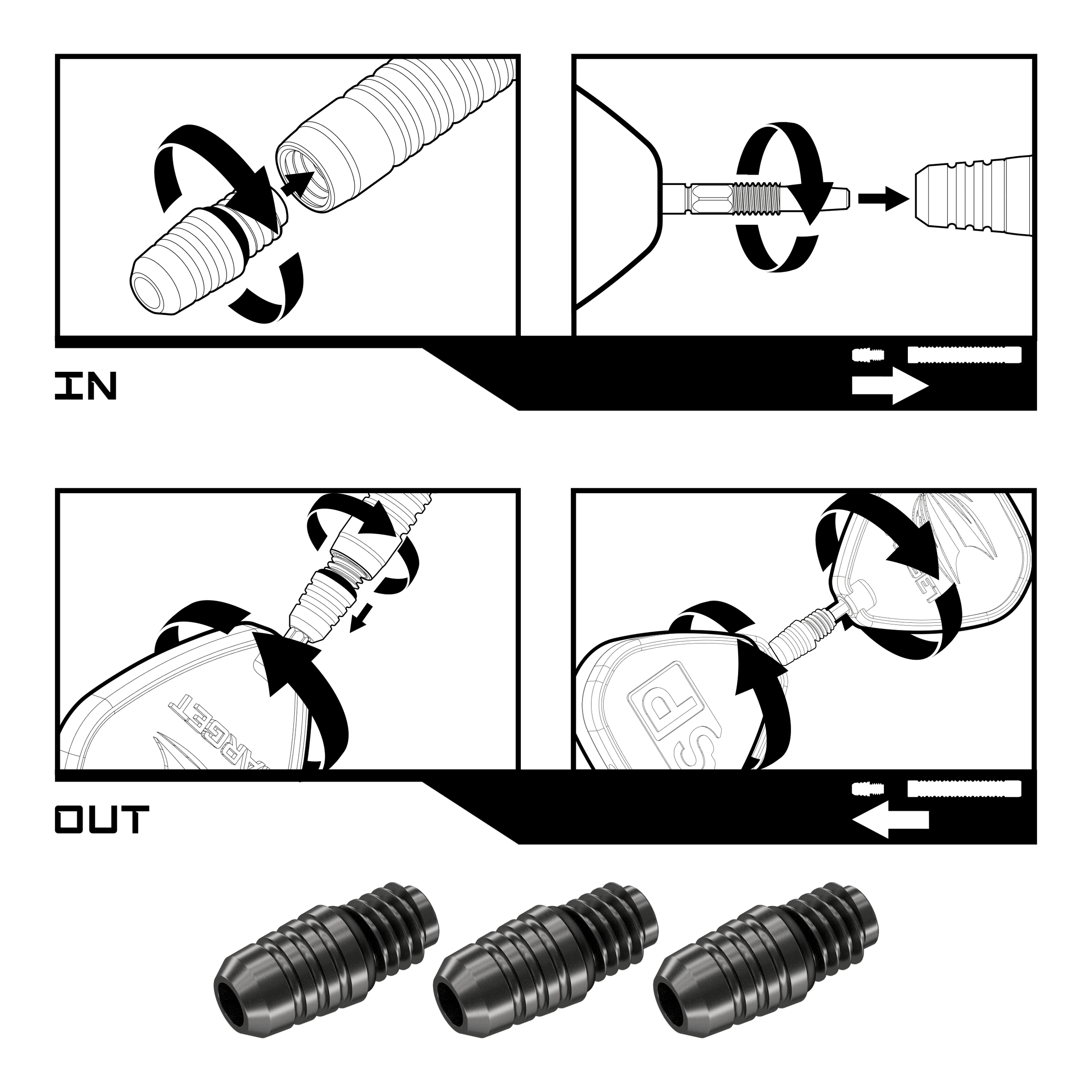 Konwerter Target Swiss Point 2BA – czarny Das Bild zeigt die Montage- und Demontageanleitung für den Target Swiss Point 2BA Converter - Schwarz. Unten im Bild sind drei der schwarzen Converter abgebildet.