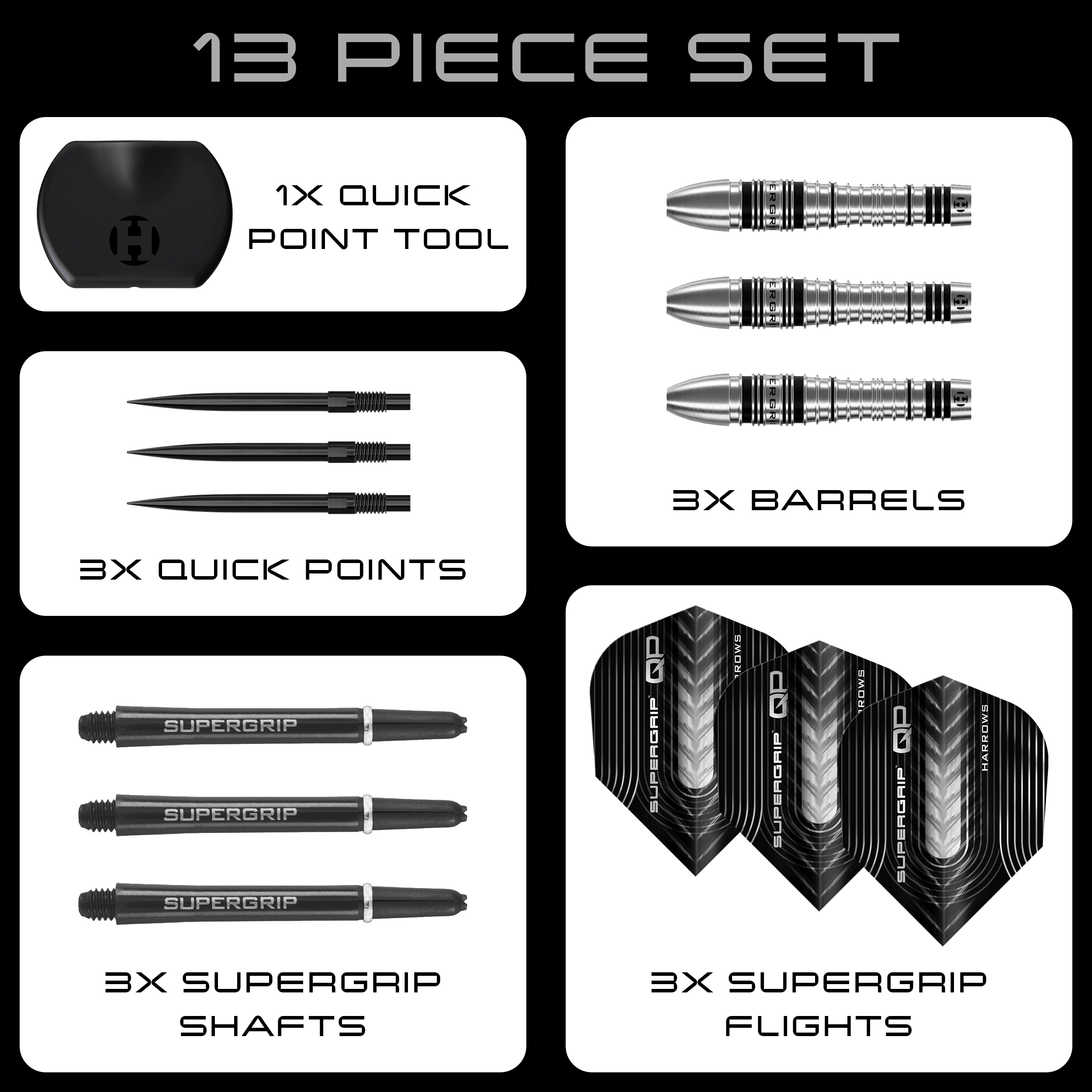 Lotki stalowe Harrows Supergrip Bomb Quick Point Hier sind die Harrows Supergrip Bomb Quick Point Steeldarts zu sehen. Die Darts eignen sich hervorragend für präzises Spiel.