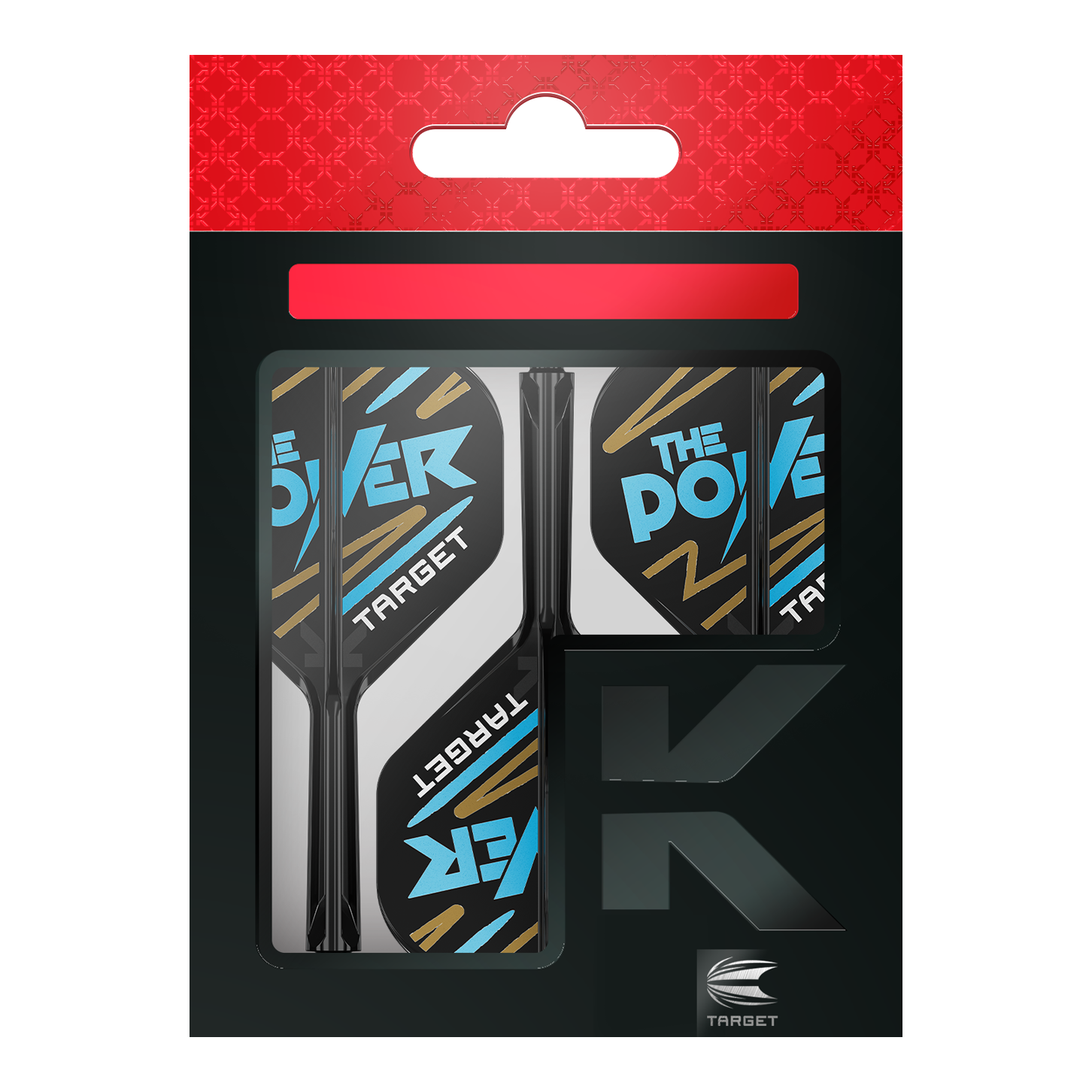 Das Bild zeigt eine Packung „Target K-Flex Phil Taylor No2 Standard Flights“. Die Flights sind überwiegend schwarz und weiß mit blauen und goldenen Akzenten und der Aufschrift „The Power“.
