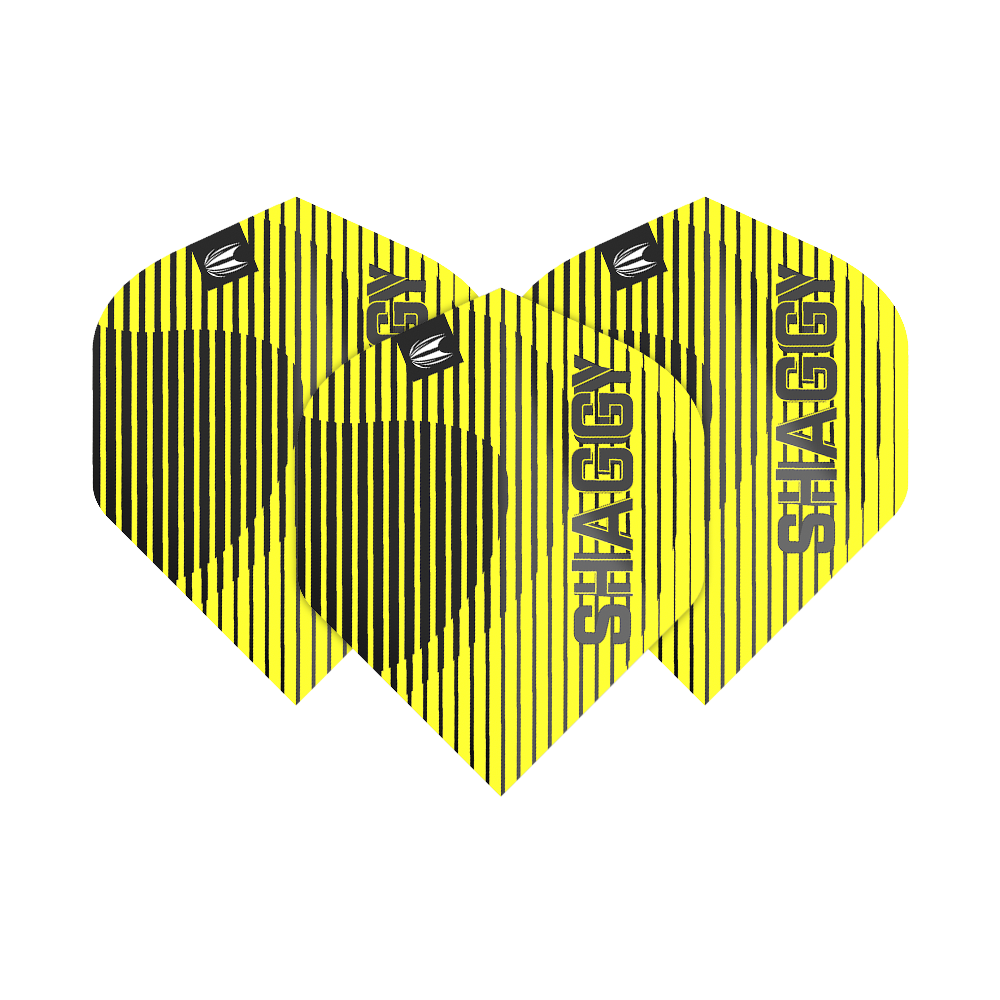 TG112_330220_Target_ProUltra_Scott_Williams_No2_Standard_Flights_1kYIzvzOQJdrFm Das Bild zeigt drei Dart-Flights mit gelben und schwarzen Streifen. Auf jedem Flight steht das Wort "SHAGGY" und das Target-Logo ist ebenfalls sichtbar.