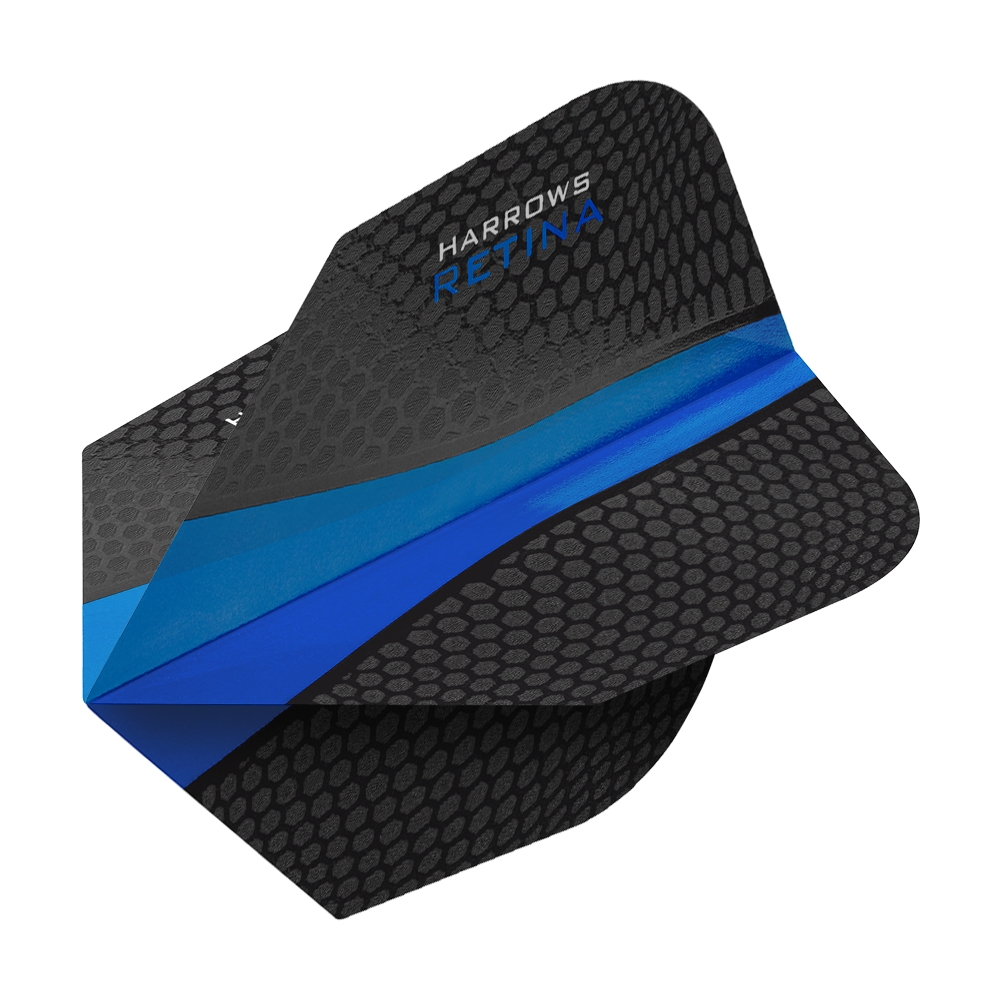 HR5510_Harrows_Retina_Blau_No2_Standard_Flights_2 Das Bild zeigt ein Harrows Retina Blau No6 Dart-Flights. Das Flight ist schwarz mit einem blauen Streifen und einer wabenartigen Struktur versehen.