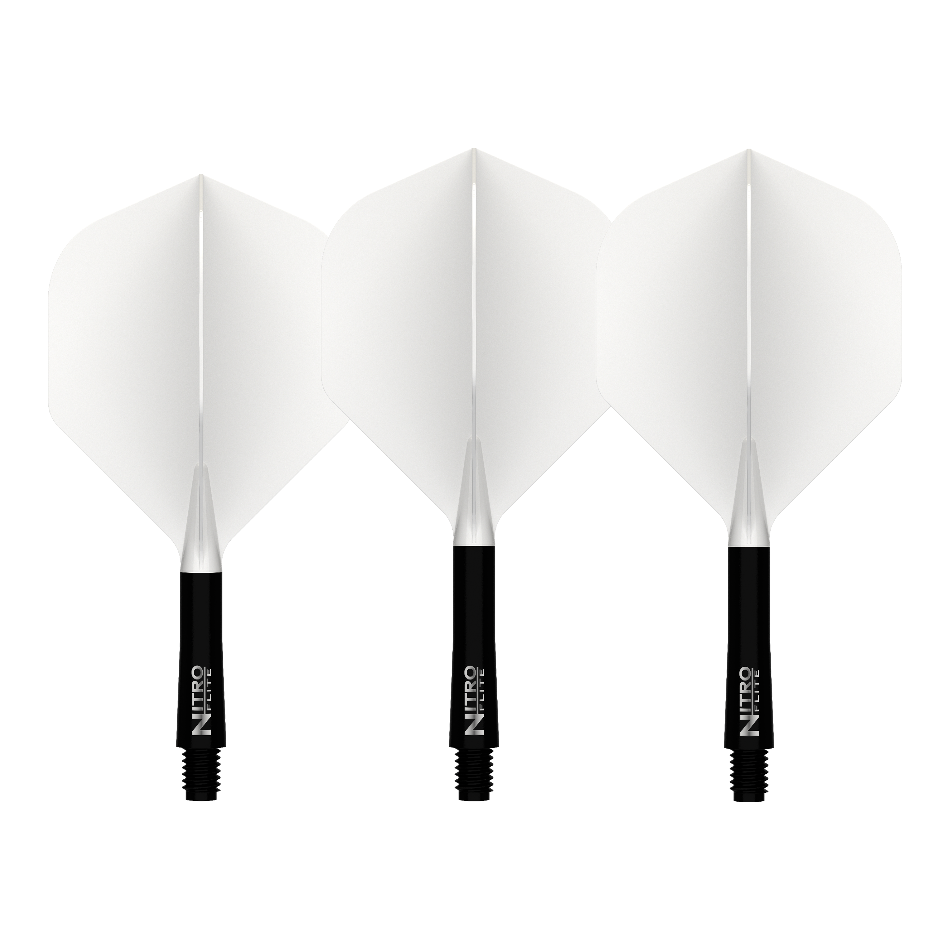 Abgebildet ist der Red Dragon Nitroflite Black Shaft White Flights No2. Es handelt sich um einen Dart-Schaft in Schwarz mit weißen Flights.