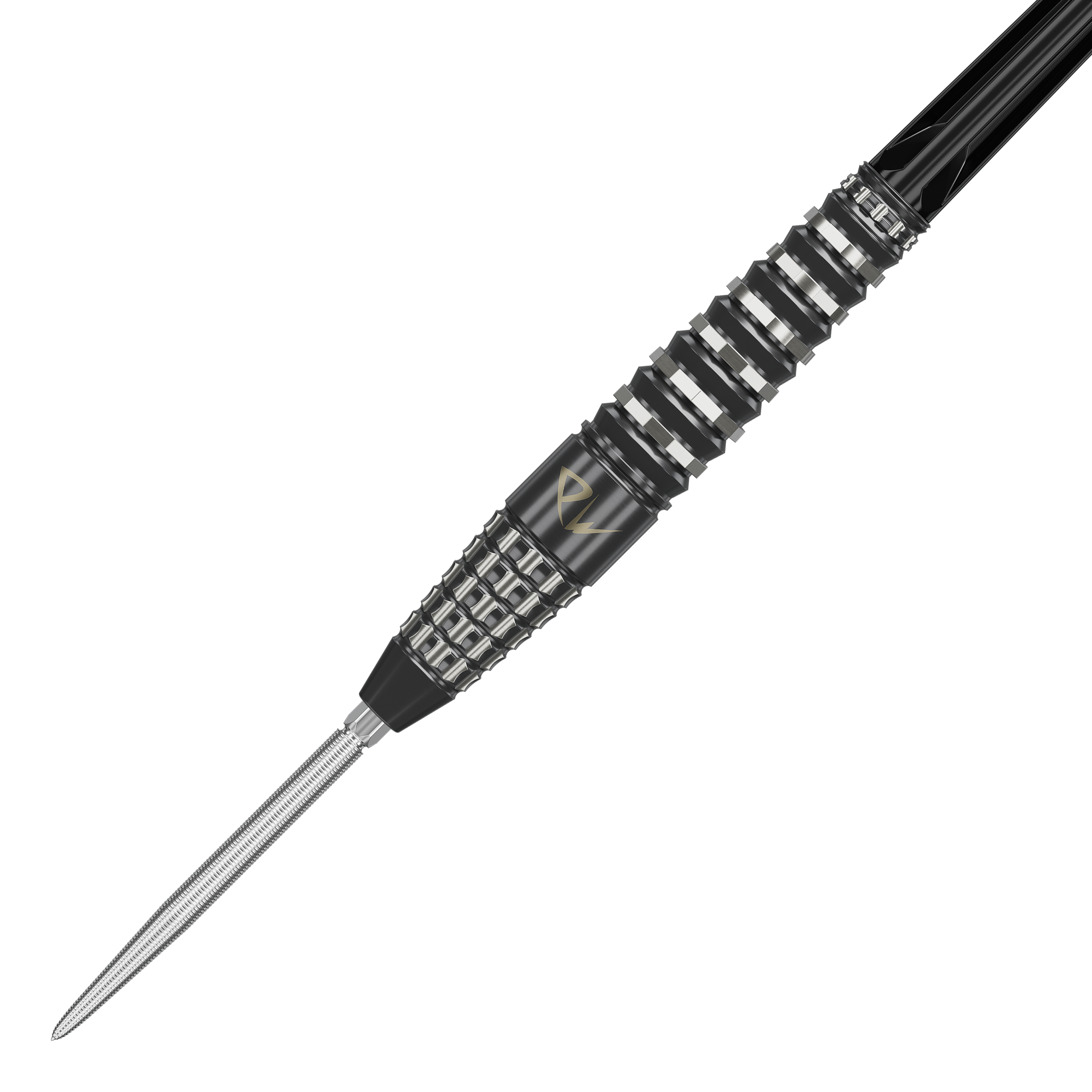 Das Bild zeigt den Target Japan Black Marque PW Swiss Point Steeldart. Der Dartpfeil ist schwarz-silber und hat ein markantes, strukturiertes Griffdesign.