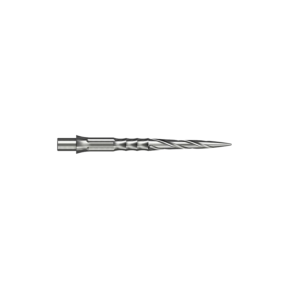 Groty do lotek Mission Caliburn EVO System ze stali - Spiro - NoLip - srebrne Hier sind silberne Steeldartspitzen des Caliburn Evo Systems mit Spiro-Design und 28 mm Länge abgebildet. Zwei dieser Spitzen liegen nebeneinander.