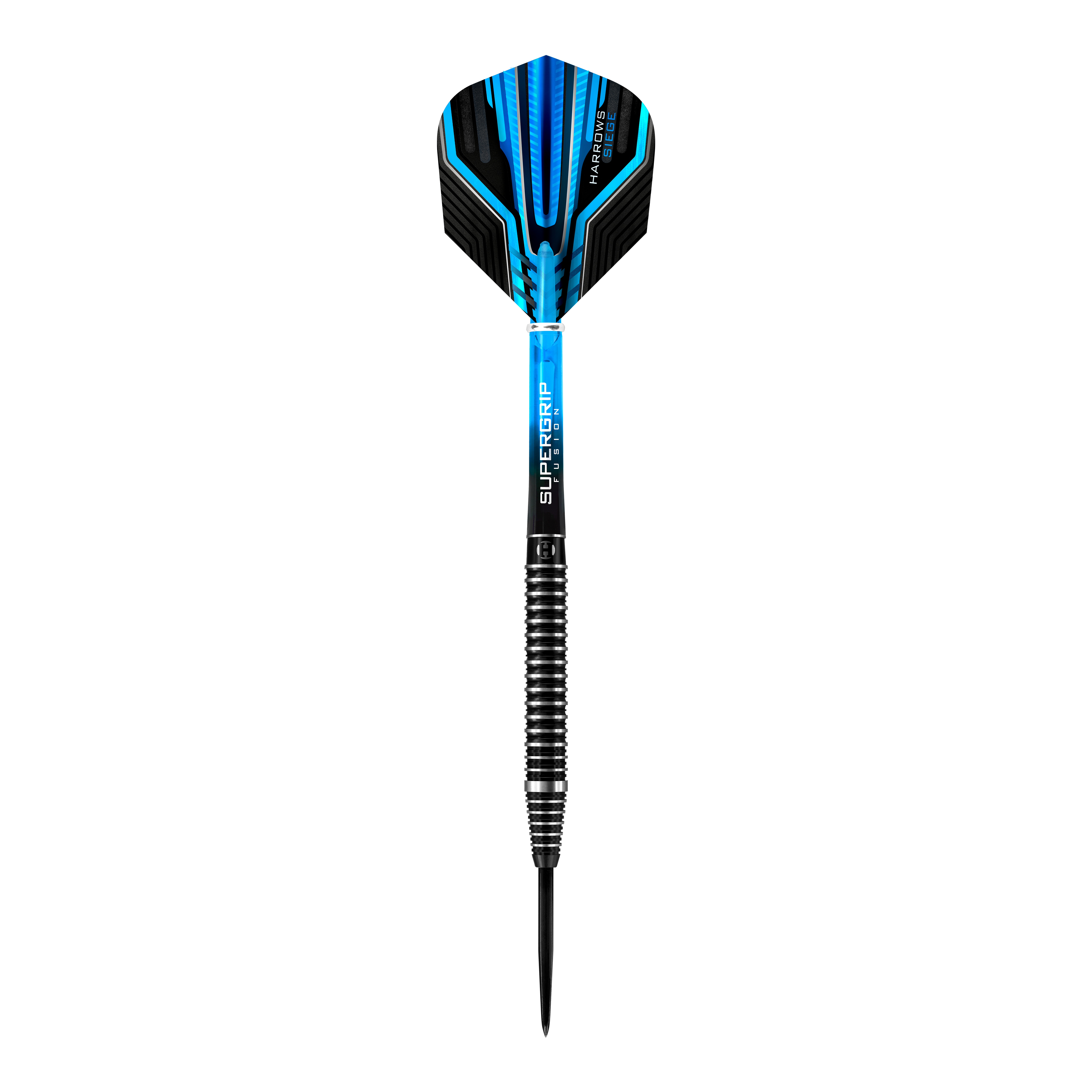 Das Bild zeigt einen Harrows Siege Steeldart mit einem modernen, blauen Design. Der Dartpfeil besitzt eine geriffelte Griffzone und einen schwarzen Stahlspitze.