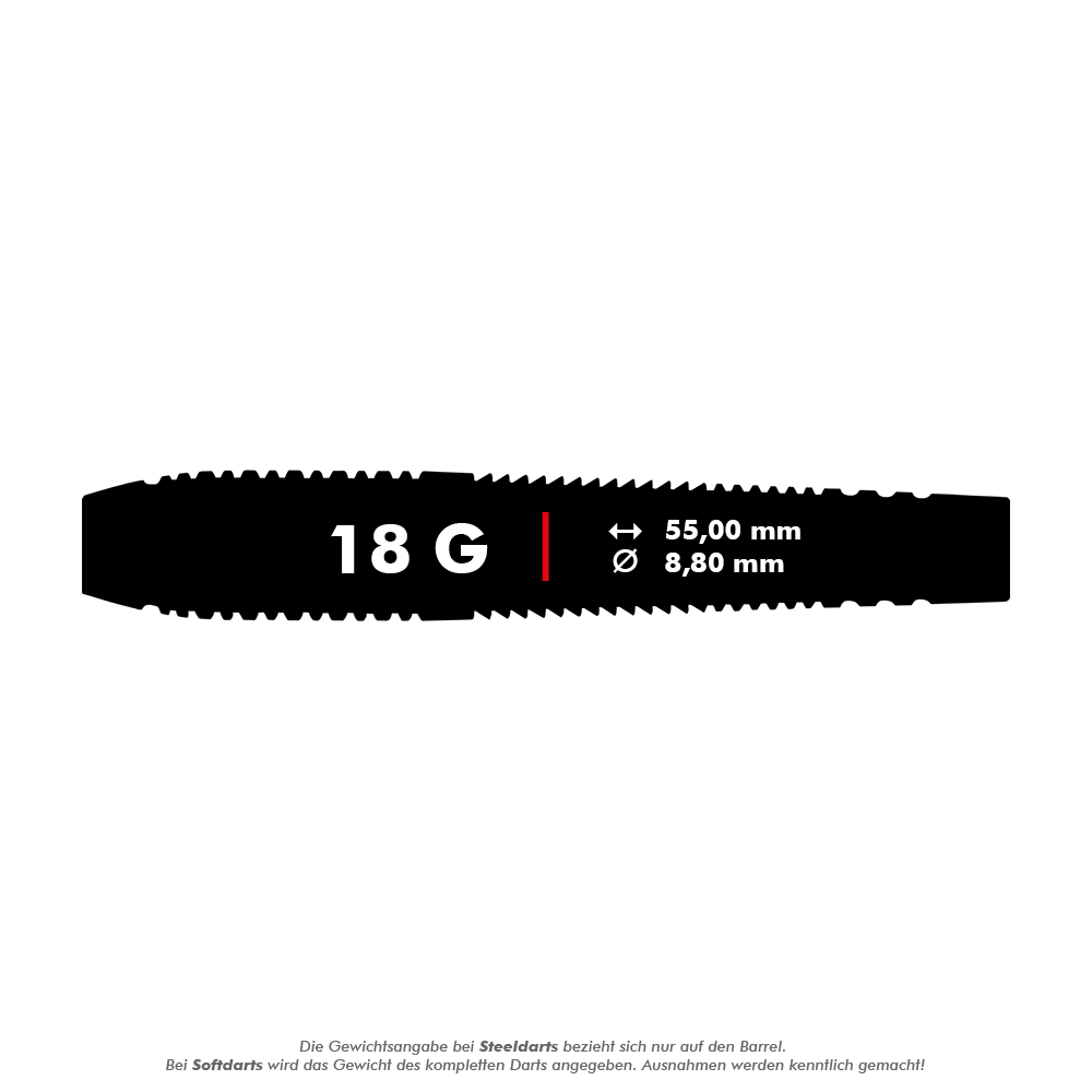 HA13968_Harrows_Blaze_Style_A_Softdarts_5_18g Das Bild zeigt die Produkteigenschaften der Harrows Blaze Style A Softdarts mit einem Gewicht von 18 Gramm. Die Darts sind 55,00 mm lang und haben einen Durchmesser von 8,80 mm.