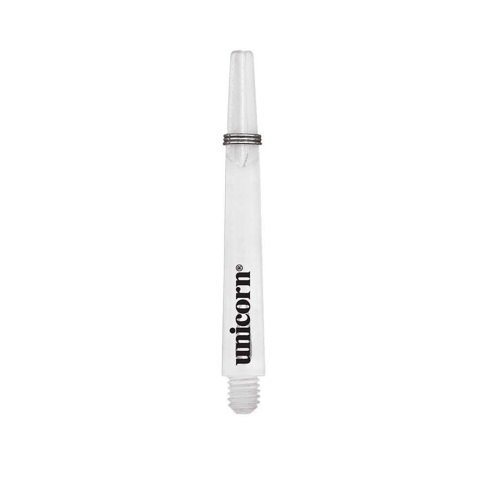 Unicorn Gripper 3 Mirage Shafts - Przezroczysty - 44,2 mm Das Bild zeigt einen klaren Unicorn Gripper 3 Mirage Shaft mit einer Länge von 44,2 mm. Auf dem Schaft ist das schwarze "unicorn" Logo zu sehen.