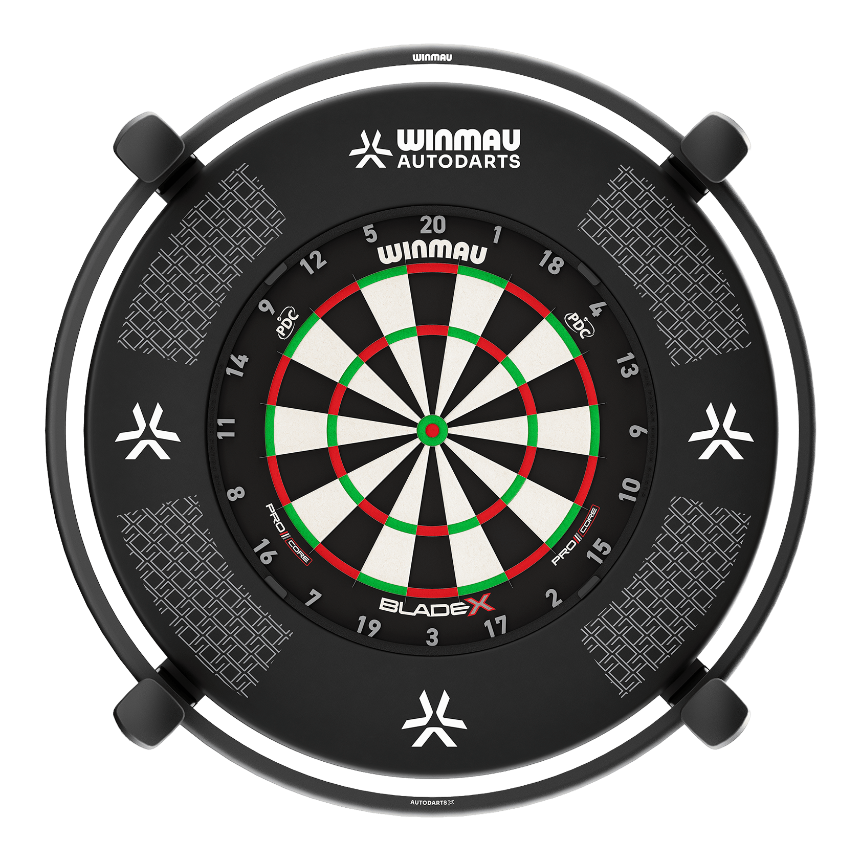 System automatycznego punktowania Winmau Autodarts X Gezeigt wird das Winmau Autodarts X Autoscoring-System. Das Gerät erleichtert das Zählen der Darts-Punkte durch seine automatische Erkennung.
