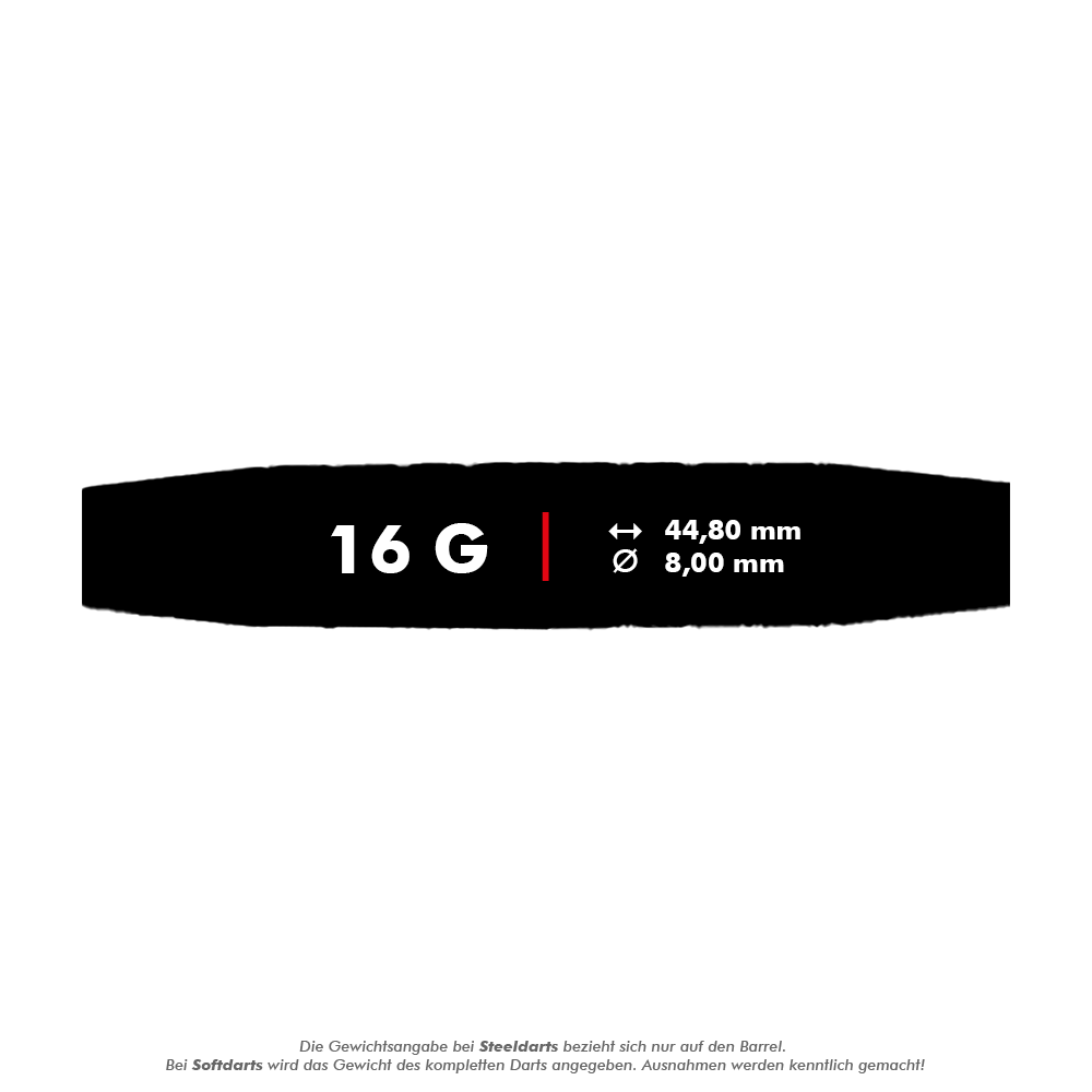 Lotki McDart 85 Tungsten V6 Soft Darts - 16g Das Bild zeigt die Produktinformationen zu den McDart 85er Tungsten V6 Softdarts mit einem Gewicht von 16 Gramm. Die Darts sind 44,80 mm lang und haben einen Durchmesser von 8,00 mm.