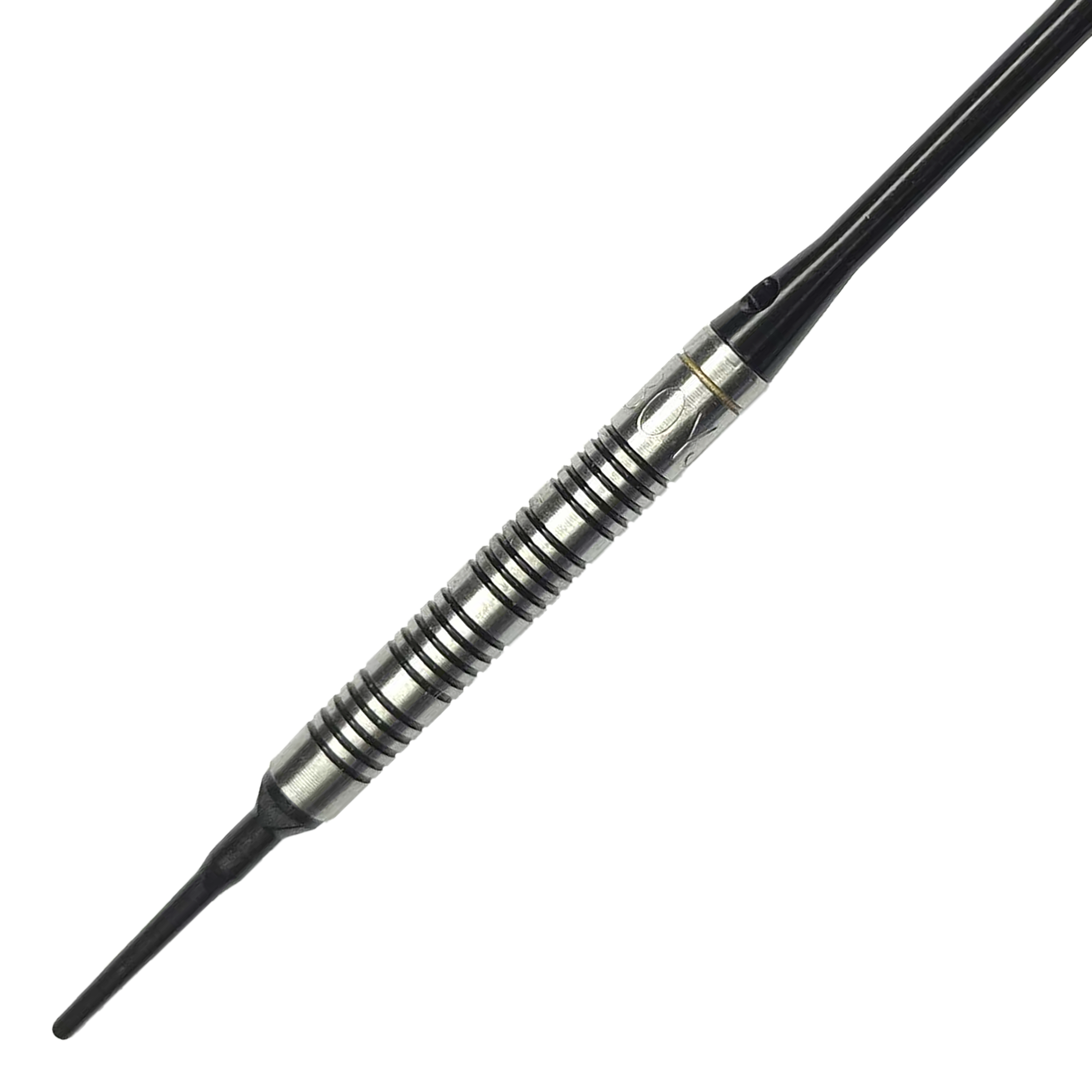 Softdarts McDart 85 Tungsten V17 - 16,5g Das Bild zeigt einen McDart 85er Tungsten V17 Softdart mit einem Gewicht von 16,5g. Der Dart hat ein silber-schwarzes, griffiges Barrel und eine schwarze Spitze.
