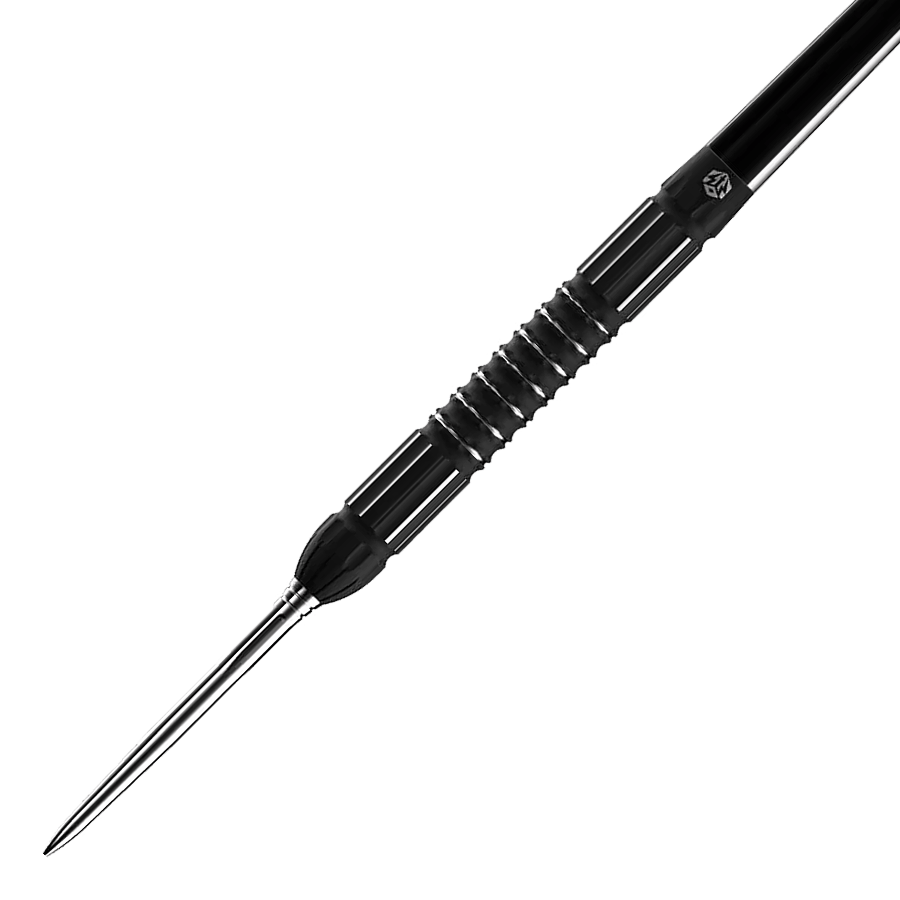 Stalowe lotki Caliburn Sword S2 Das Bild zeigt den Caliburn Sword S2 Steeldart. Der Dartpfeil hat ein schwarzes, geriffeltes Griffstück und eine silberne Spitze.