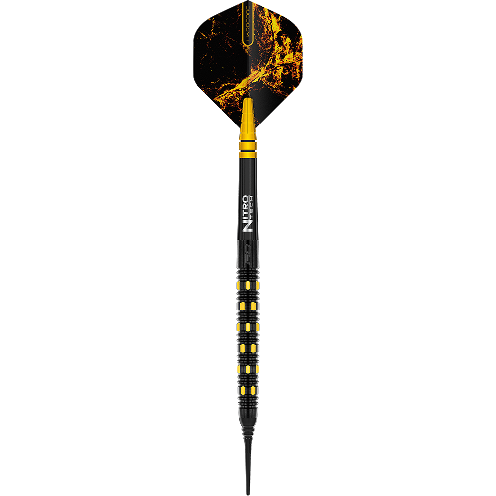 RD2386_Red_Dragon_Nirvana_Softdarts_1KCY0EU4m61xFl Das Bild zeigt einen Red Dragon Nirvana Softdart mit 20 Gramm Gewicht. Der Dart ist schwarz mit gelben Akzenten und hat eine auffällige gelb-schwarze Flugfeder.