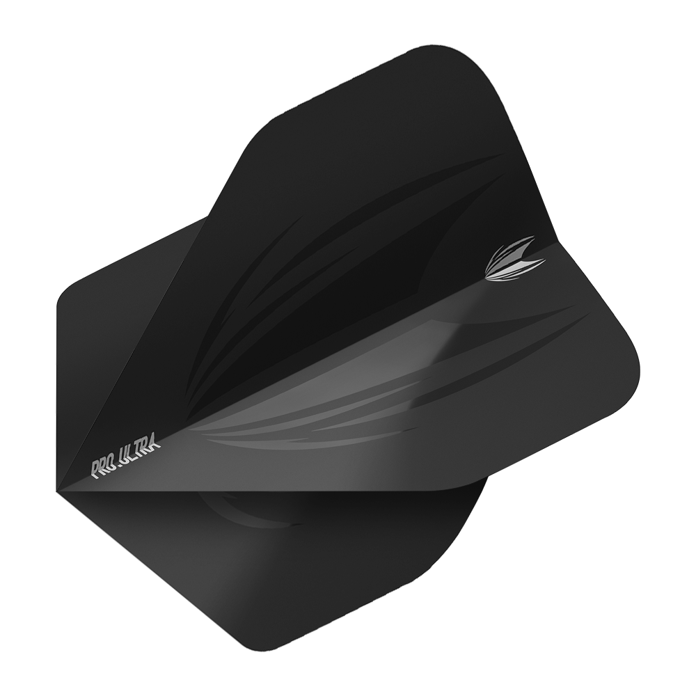 TG408_Target_ProUltra_ID_Black_No2_Standard_Flights_2 Das Bild zeigt das Produkt "Target ProUltra ID Black No2 Standard Flights". Es handelt sich um ein schwarzes Dart Flight mit dezentem Muster und weißem Aufdruck.