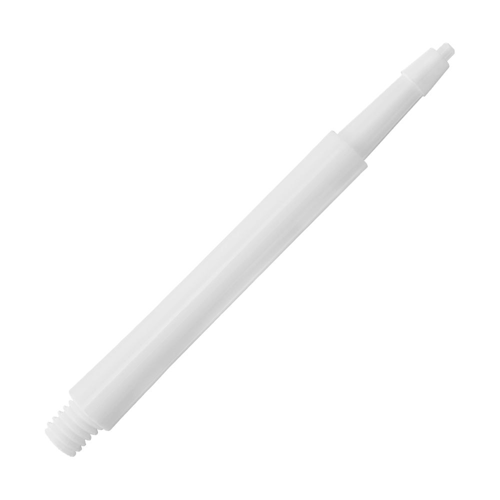 Das Bild zeigt einen weißen Harrows Clic Standard Shaft für Darts. Der Schaft ist aus Kunststoff und hat ein einfaches, geradliniges Design.