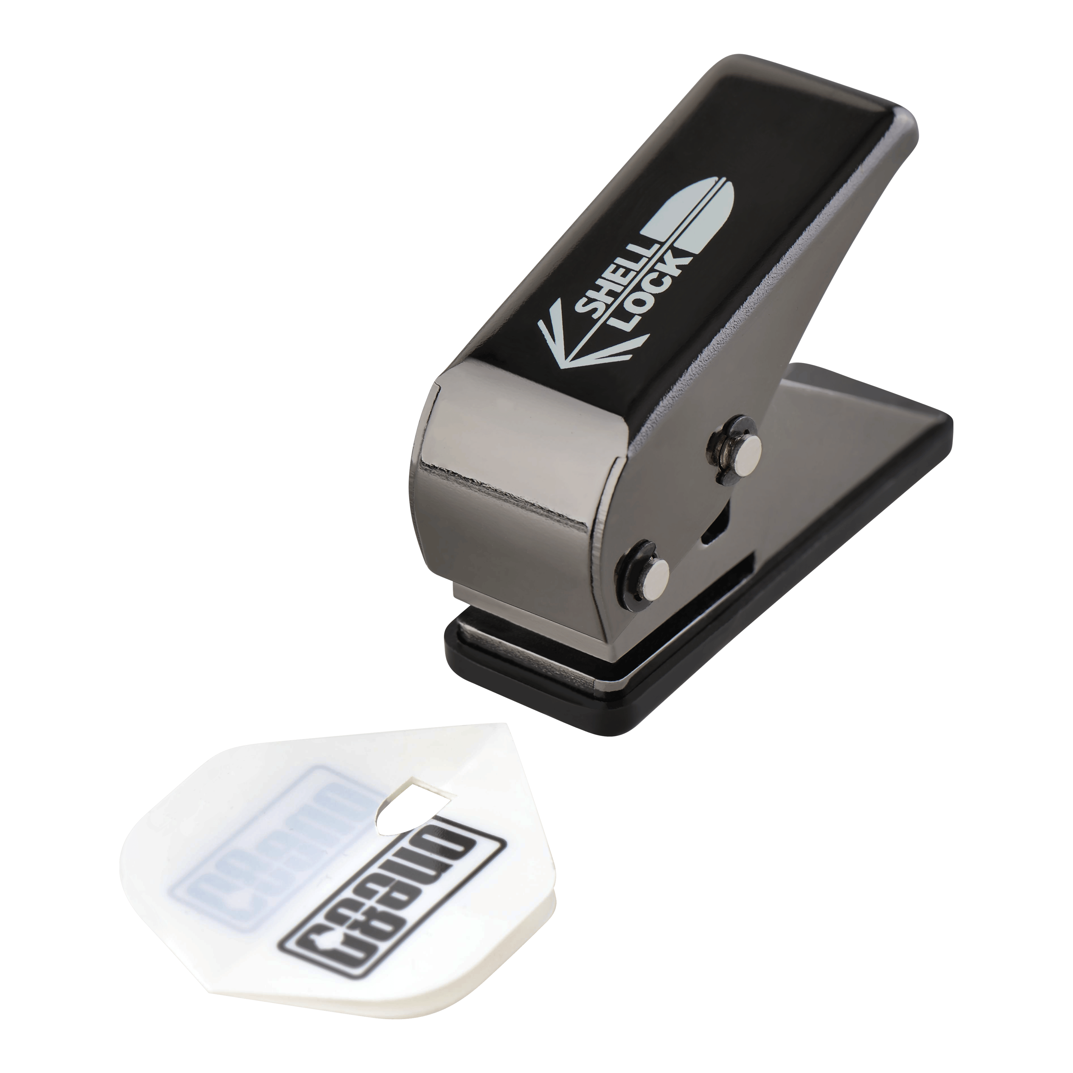 Dziurkacz typu L-Style One80 Shell Lock Punch Flight Punch Das Bild zeigt den L-Style One80 Shell Lock Punch Flightlocher. Neben dem Locher liegt ein gestanztes Dart-Flight.